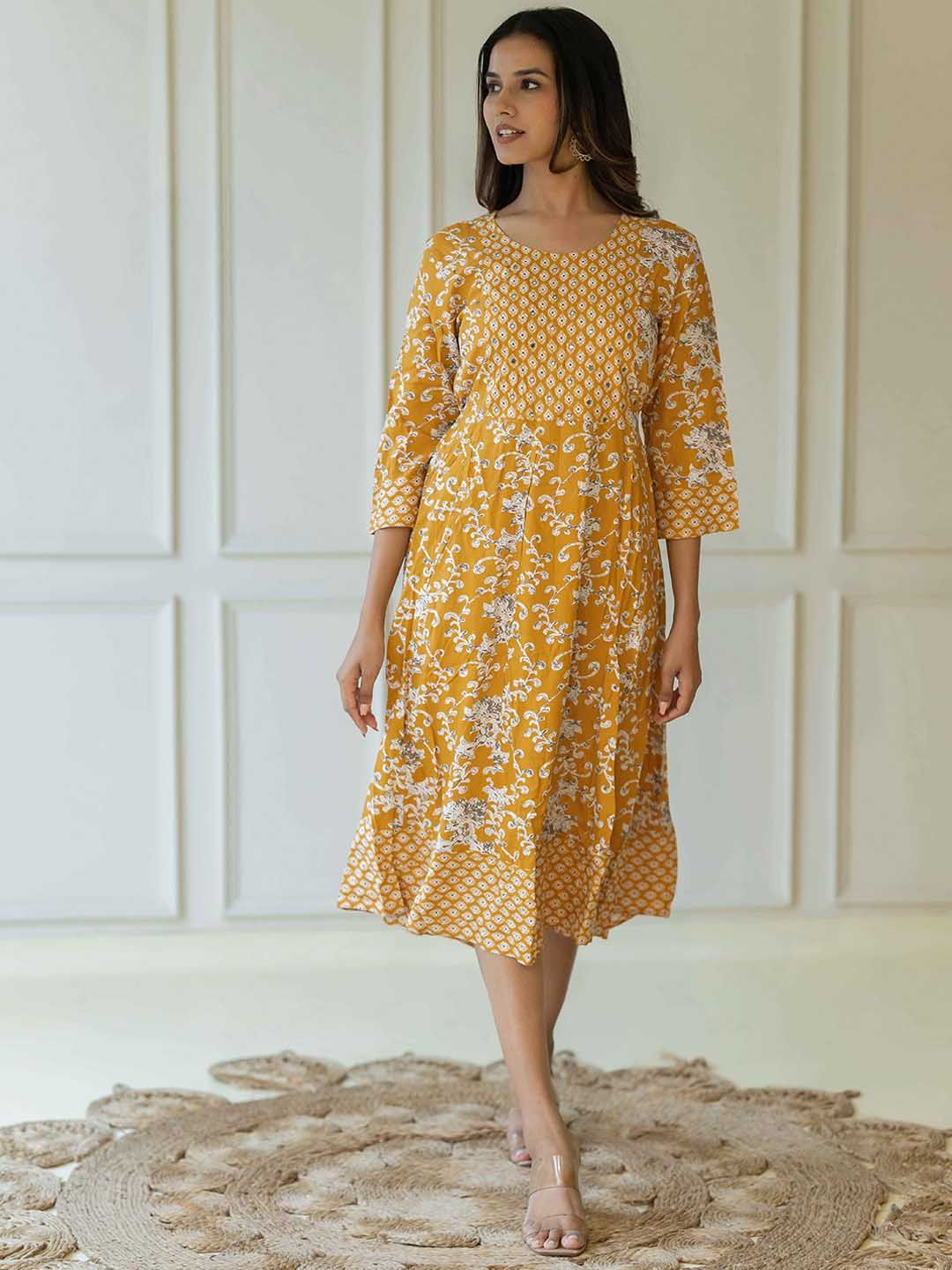 Dhimhi Women's Floral Printed Round Neck Cotton Fit & Flare Midi Ethnic Dress