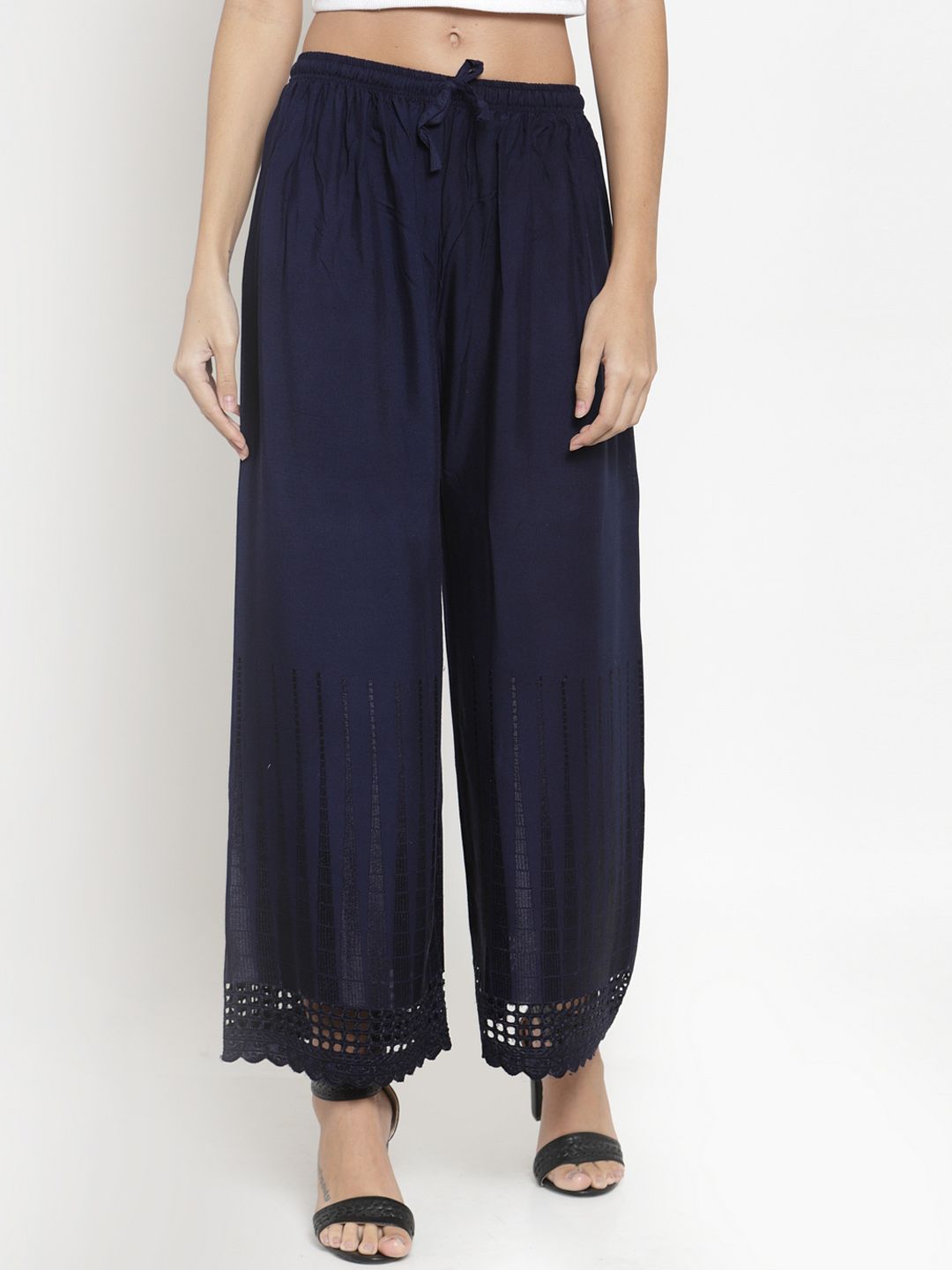 Dhimhi Women's Navy Blue Solid Straight Palazzos