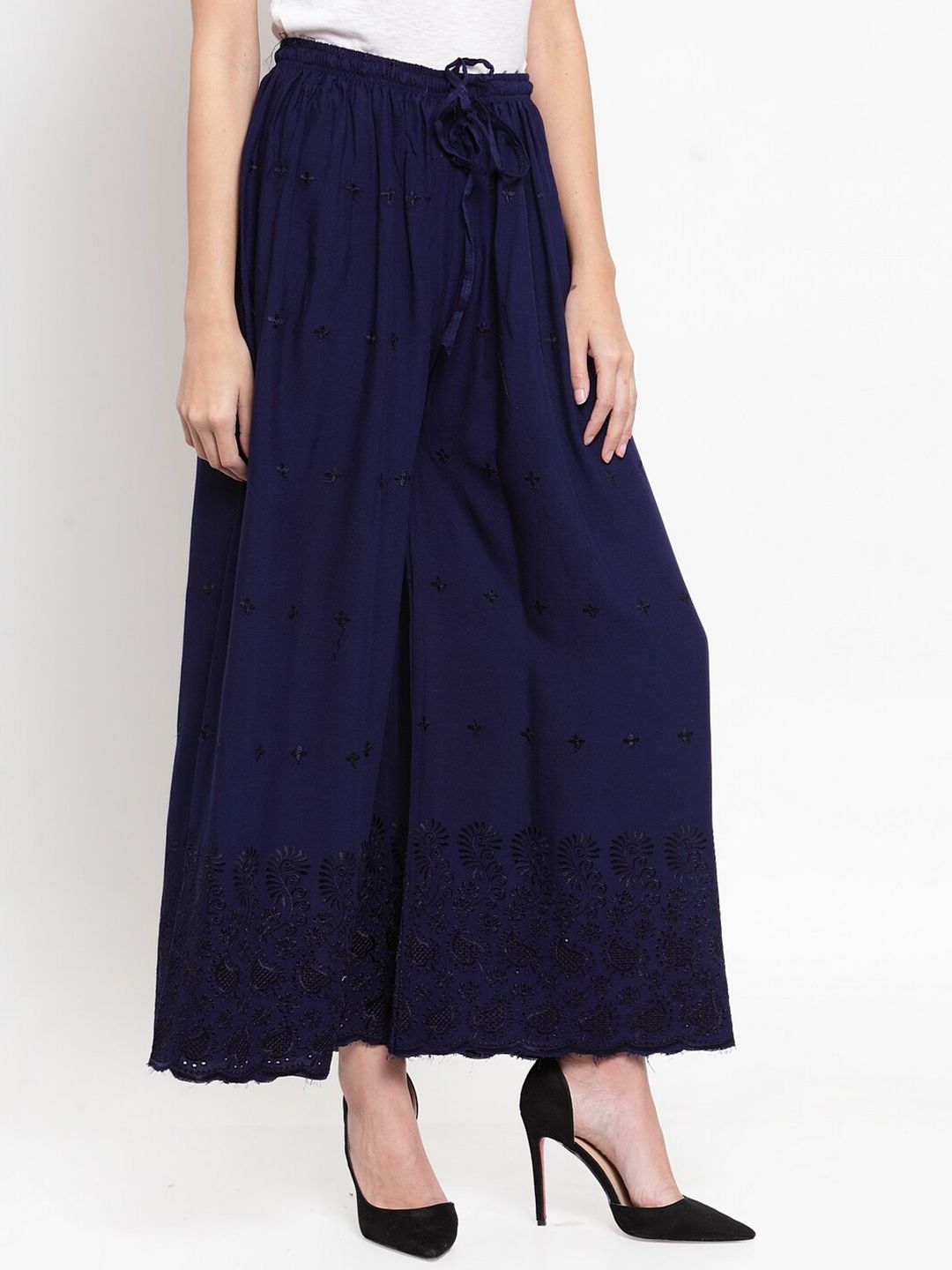 Dhimhi Women's Navy Blue Embroidered Chikankari Flared Palazzo