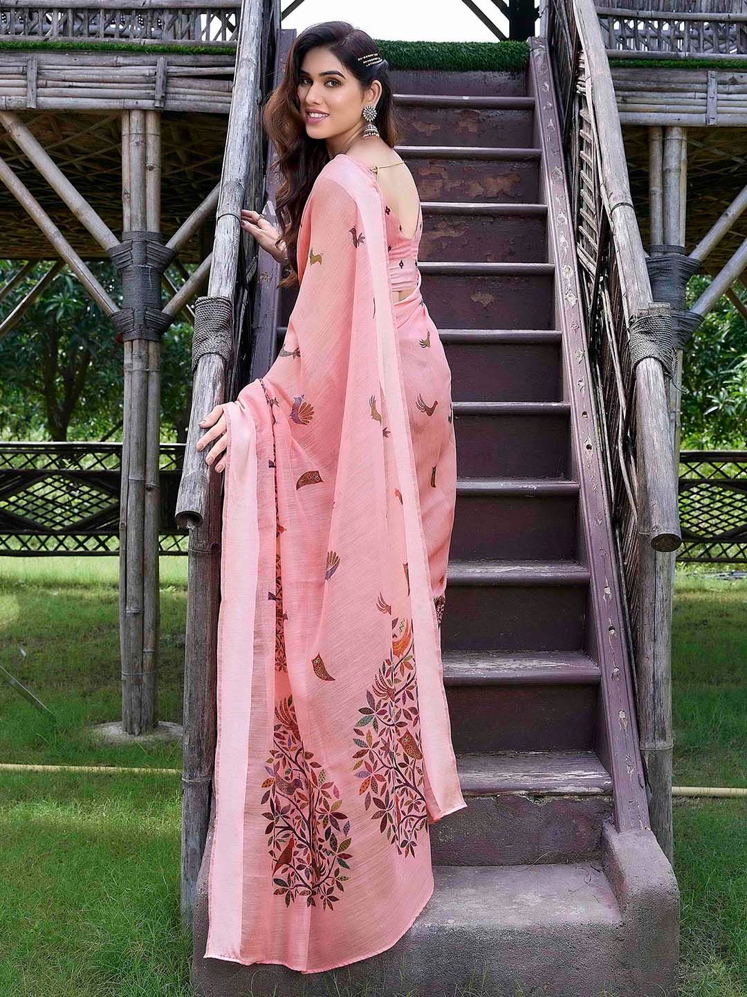 Dhimhi Women's Peach-Coloured & Blue Polycotton Baluchari Saree