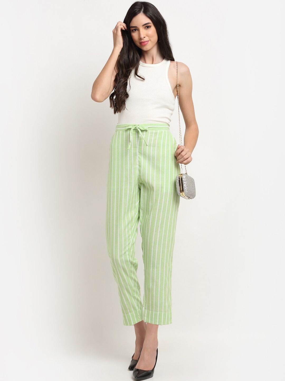 Dhimhi Women's Green & White Striped Cotton Palazzos