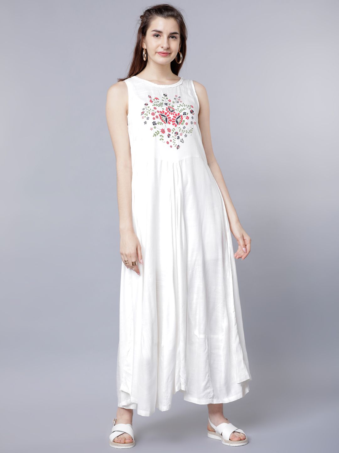 Dhimhi Women's White & Navy Blue Floral Layered Ethnic A-Line Maxi Dress With Jacket