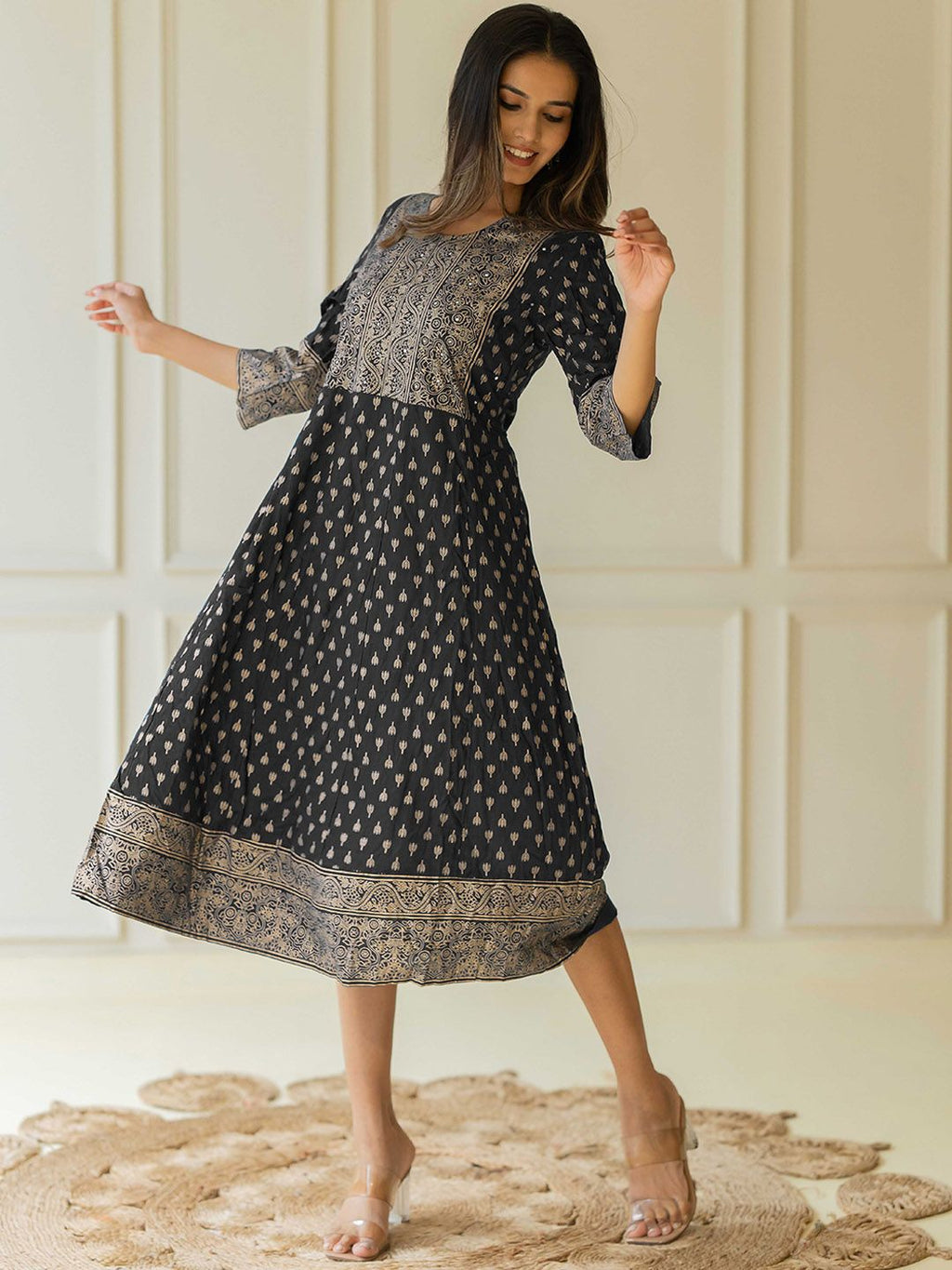 Dhimhi Women's Floral Printed Round Neck Cotton Fit & Flare Midi Ethnic Dress