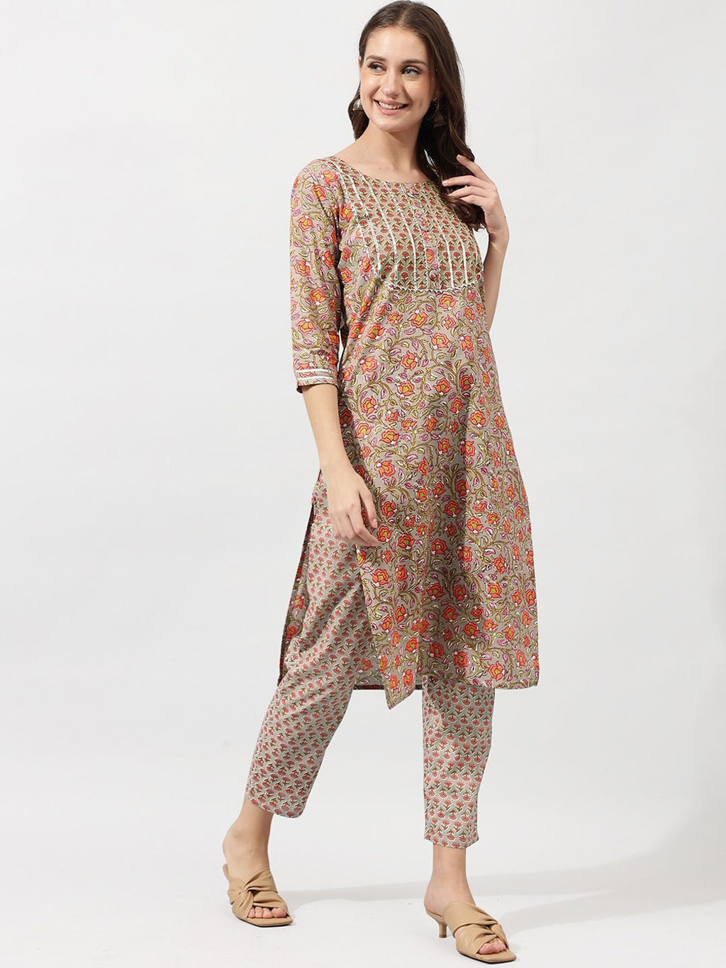 Dhimhi Women's Beige Ethnic Motifs Printed Gotta Patti Pure Cotton Kurta with Trousers