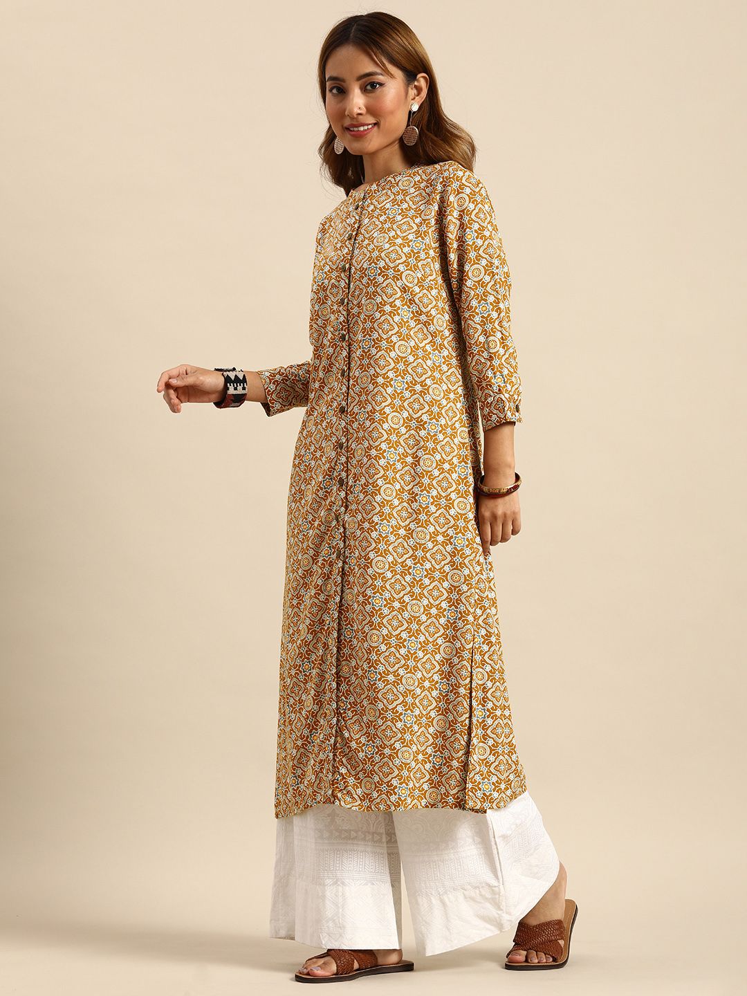 Women Mustard Yellow & Blue Printed Kurta