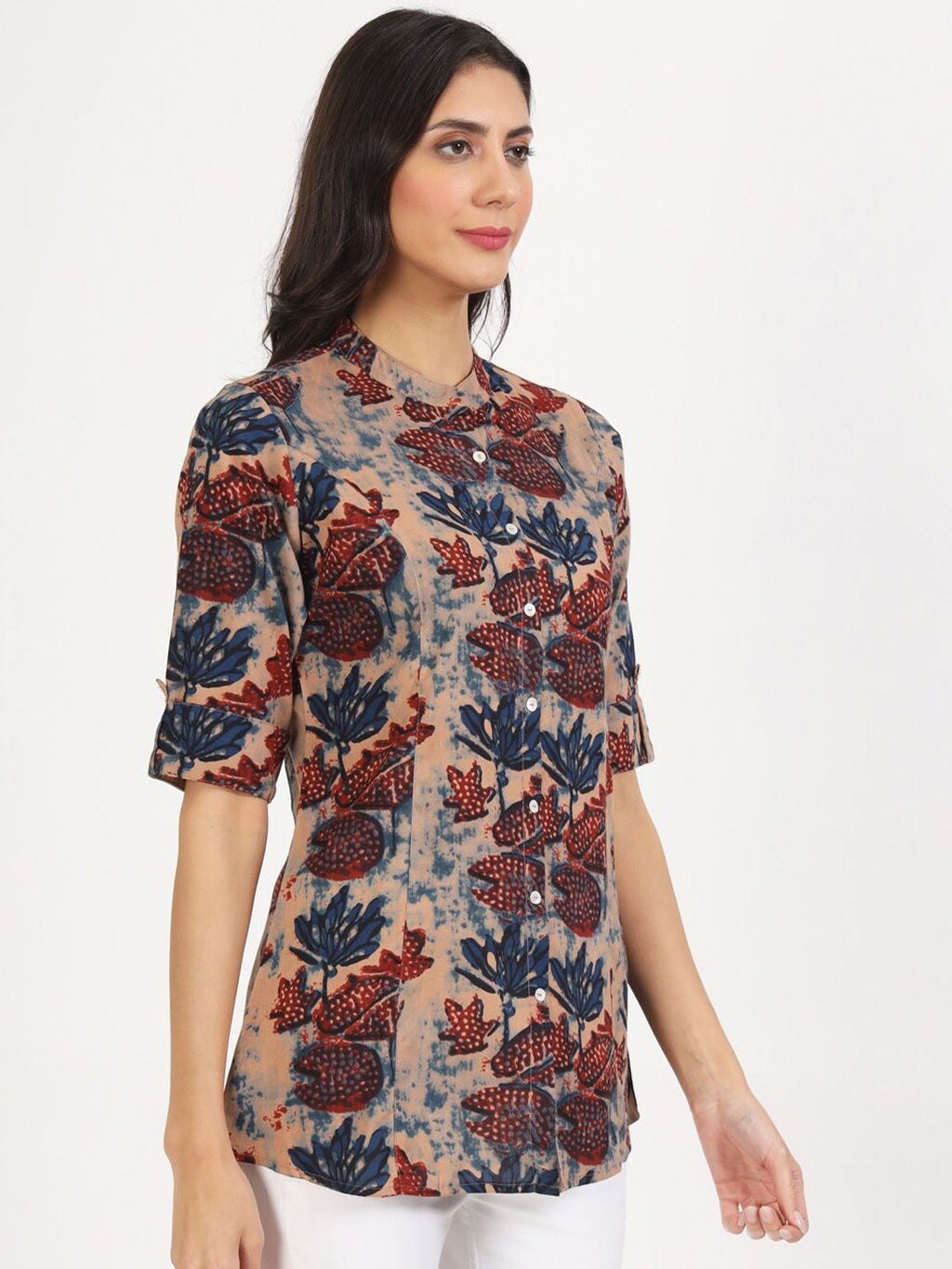Dhimhi Women's Floral Printed Mandarin Collar Roll-Up Sleeves Shirt Style Top
