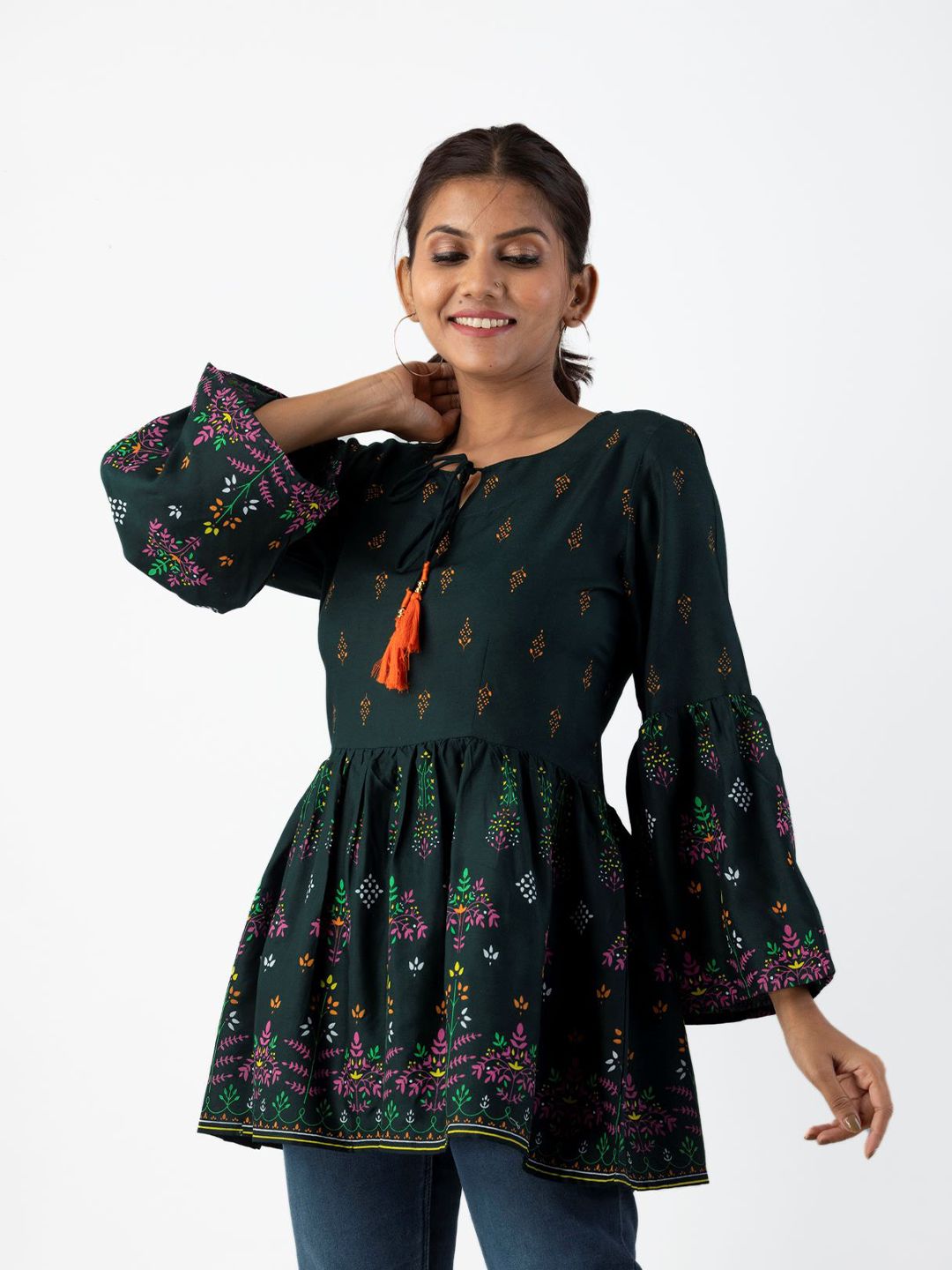 Dhimhi Women's Green Print Indigo Top