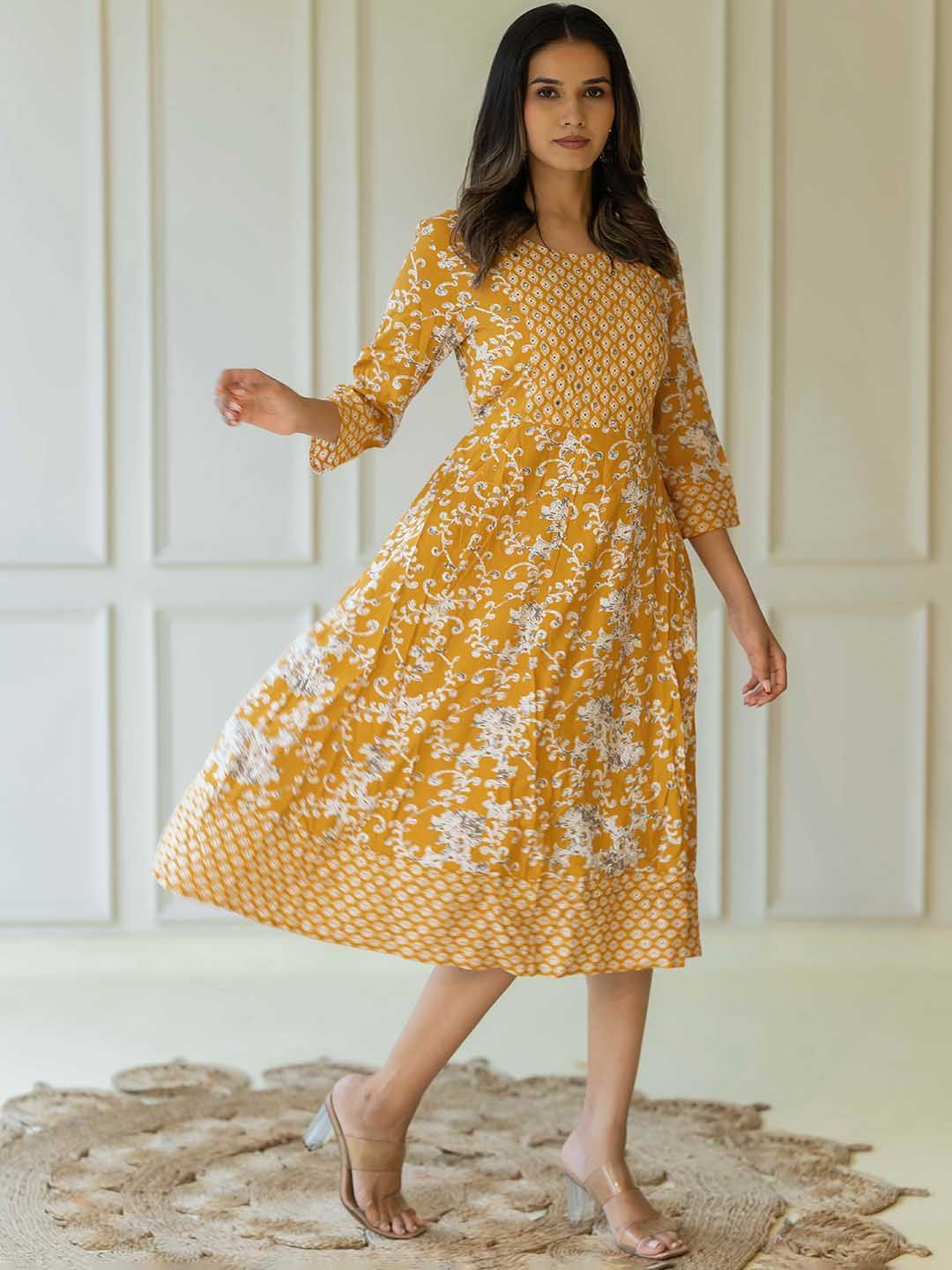 Dhimhi Women's Floral Printed Round Neck Cotton Fit & Flare Midi Ethnic Dress