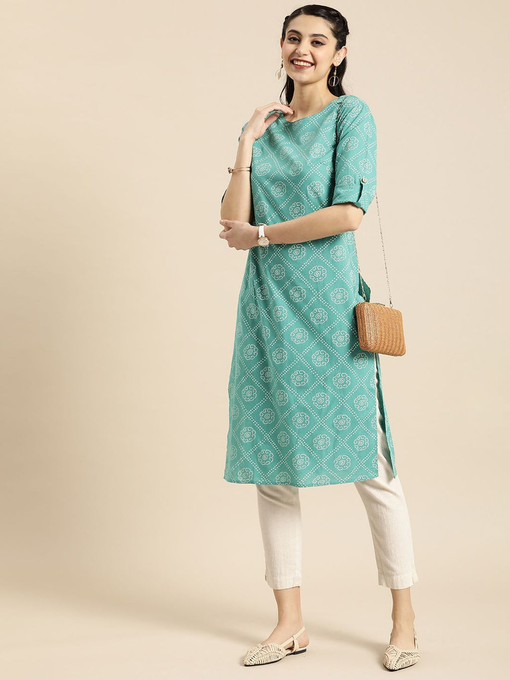 Women Green Bandhani Printed Summer Sheers Kurta