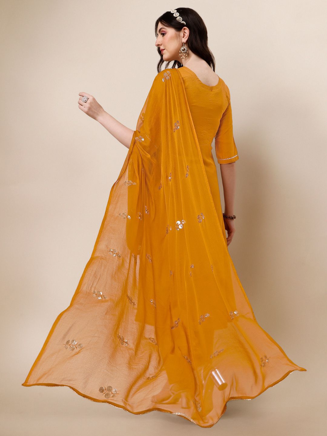 Dhimhi Women's Ethnic Motifs Embroidered Regular Gotta Patti Kurta with Palazzos & Dupatta