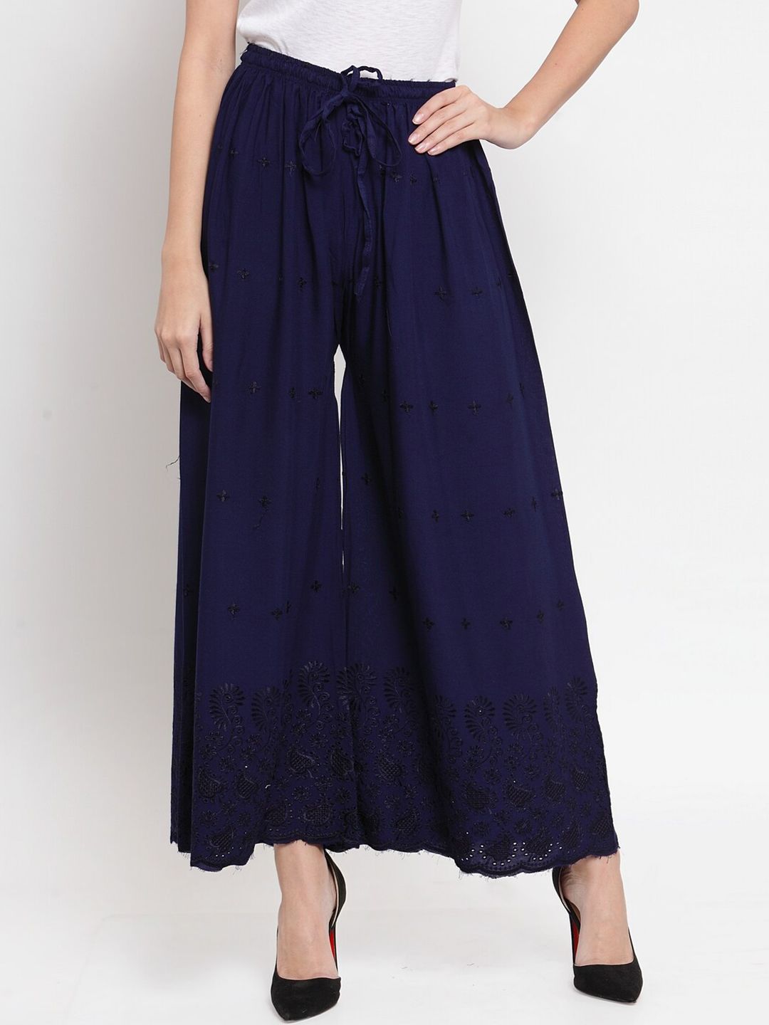 Dhimhi Women's Navy Blue Embroidered Chikankari Flared Palazzo