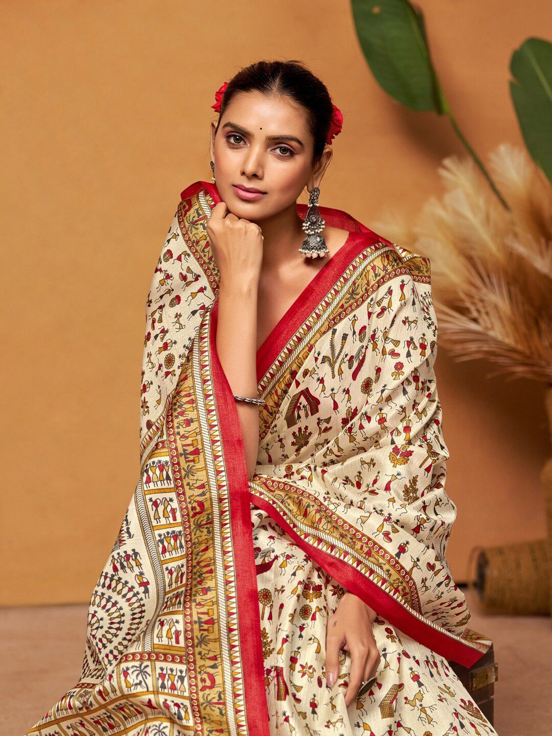 Dhimhi Women's Warli Art Silk Block Print Saree