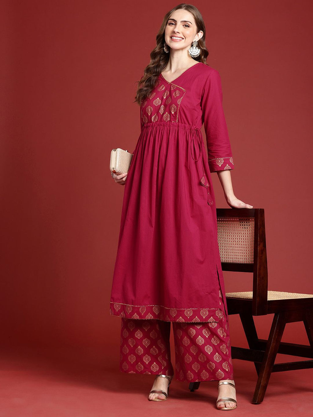 Dhimhi Women's Ethnic Motifs Printed Regular Pure Cotton Kurta with Palazzos