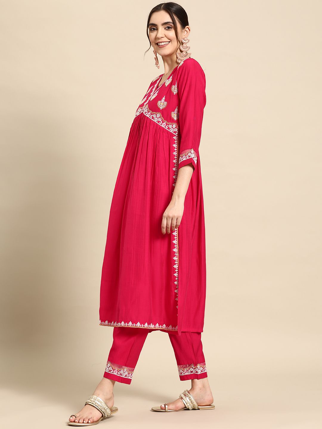 Dhimhi Women's Alia Cut Ethnic Motifs Embroidered High Slit Thread Work Kurta With Trousers