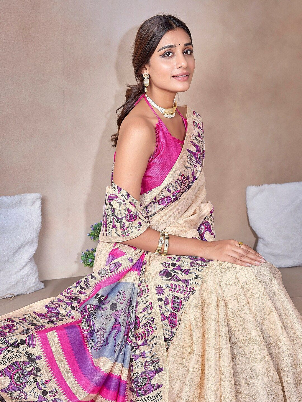 Dhimhi Women's Abstract Printed Art Silk Mysore Silk Saree