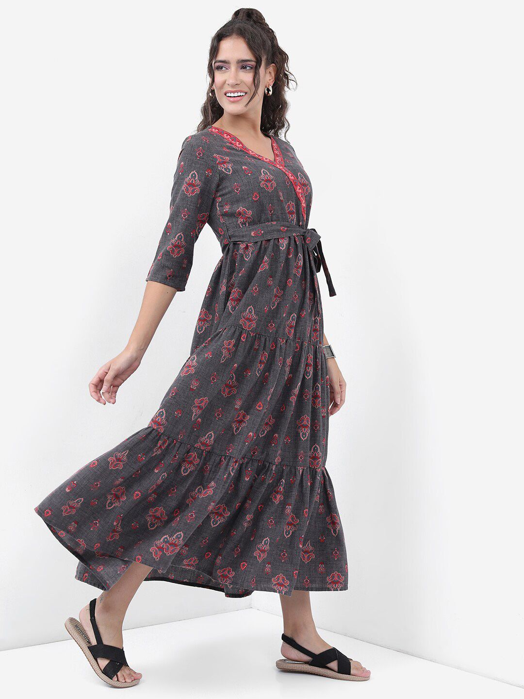 Dhimhi Women's Charcoal Ethnic Motif Printed Tiered Fit & Flare Midi Ethnic Dress