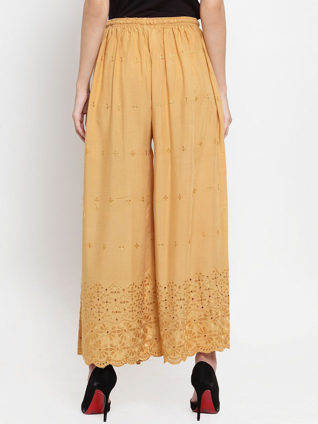 Dhimhi Women's Beige Embroidered Wide Leg Palazzos