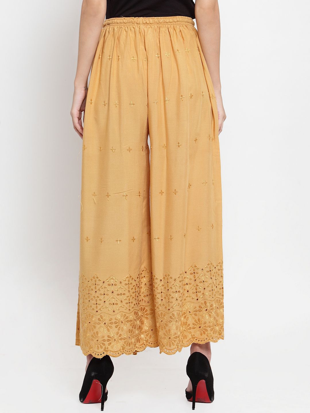 Dhimhi Women's Beige Embroidered Wide Leg Palazzos