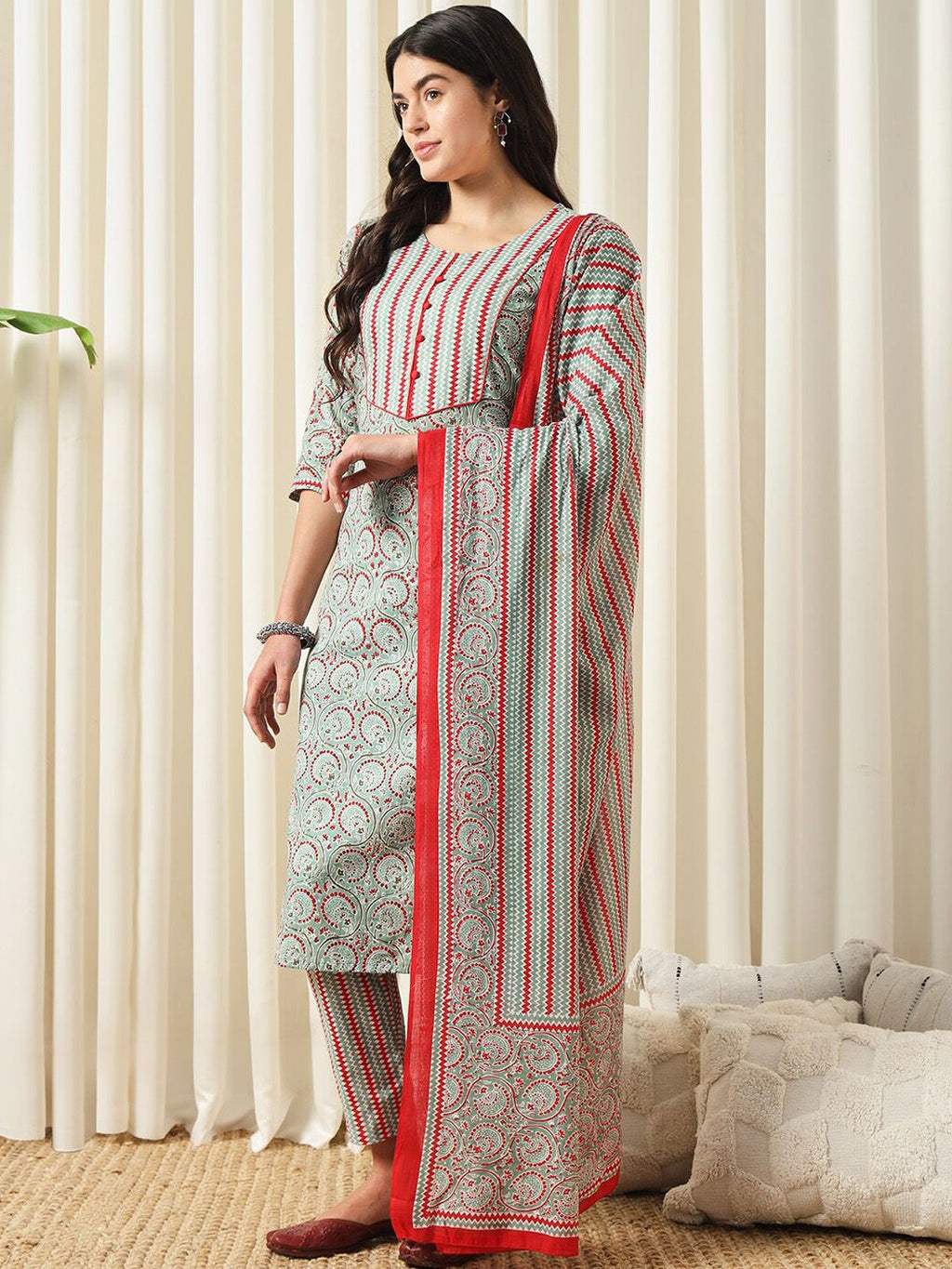 Dhimhi Women's Ethnic Motifs Printed Regular Pure Cotton Kurta with Trousers & Dupatta