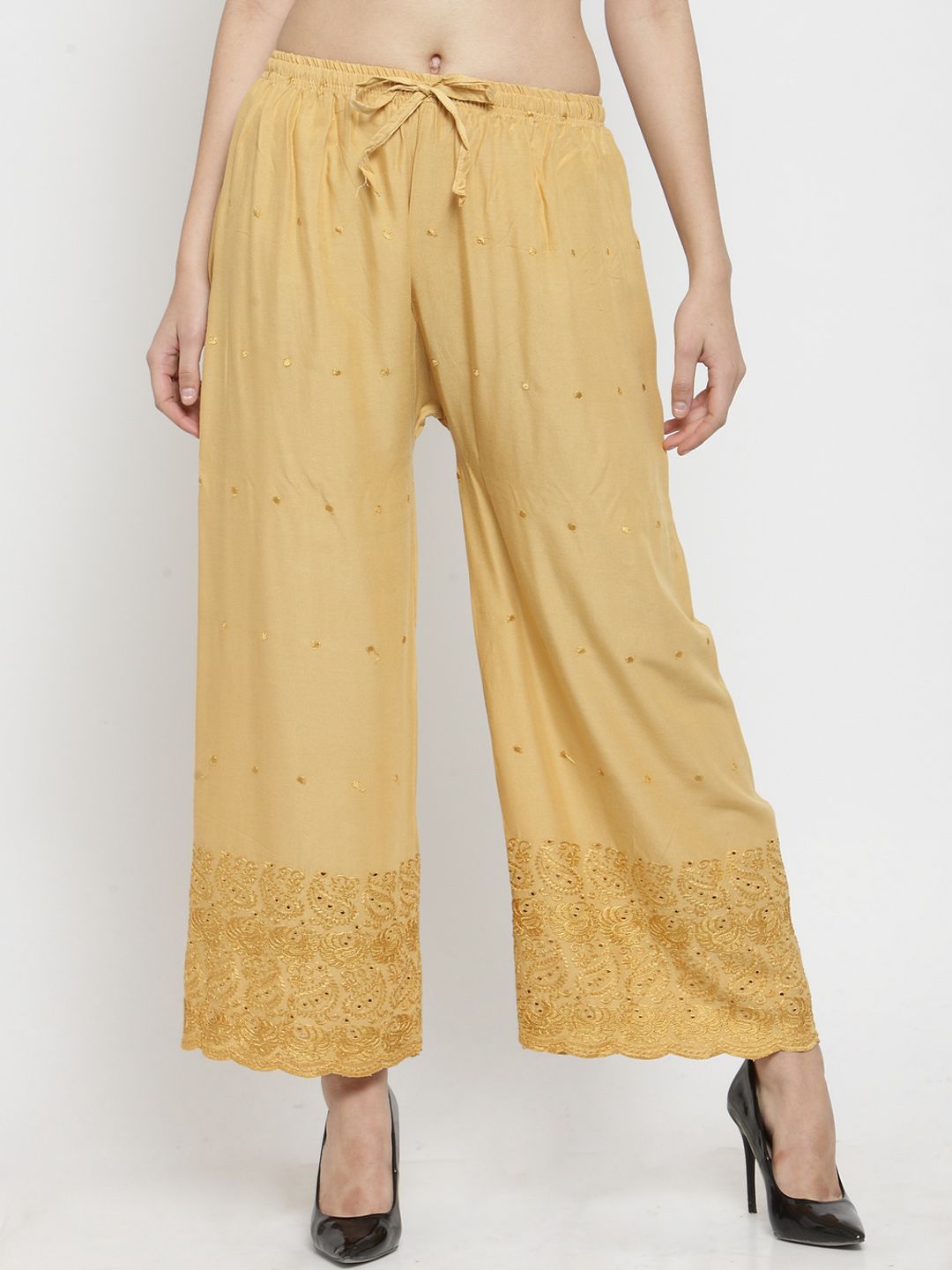 Dhimhi Women's Beige Embroidered Straight Palazzos