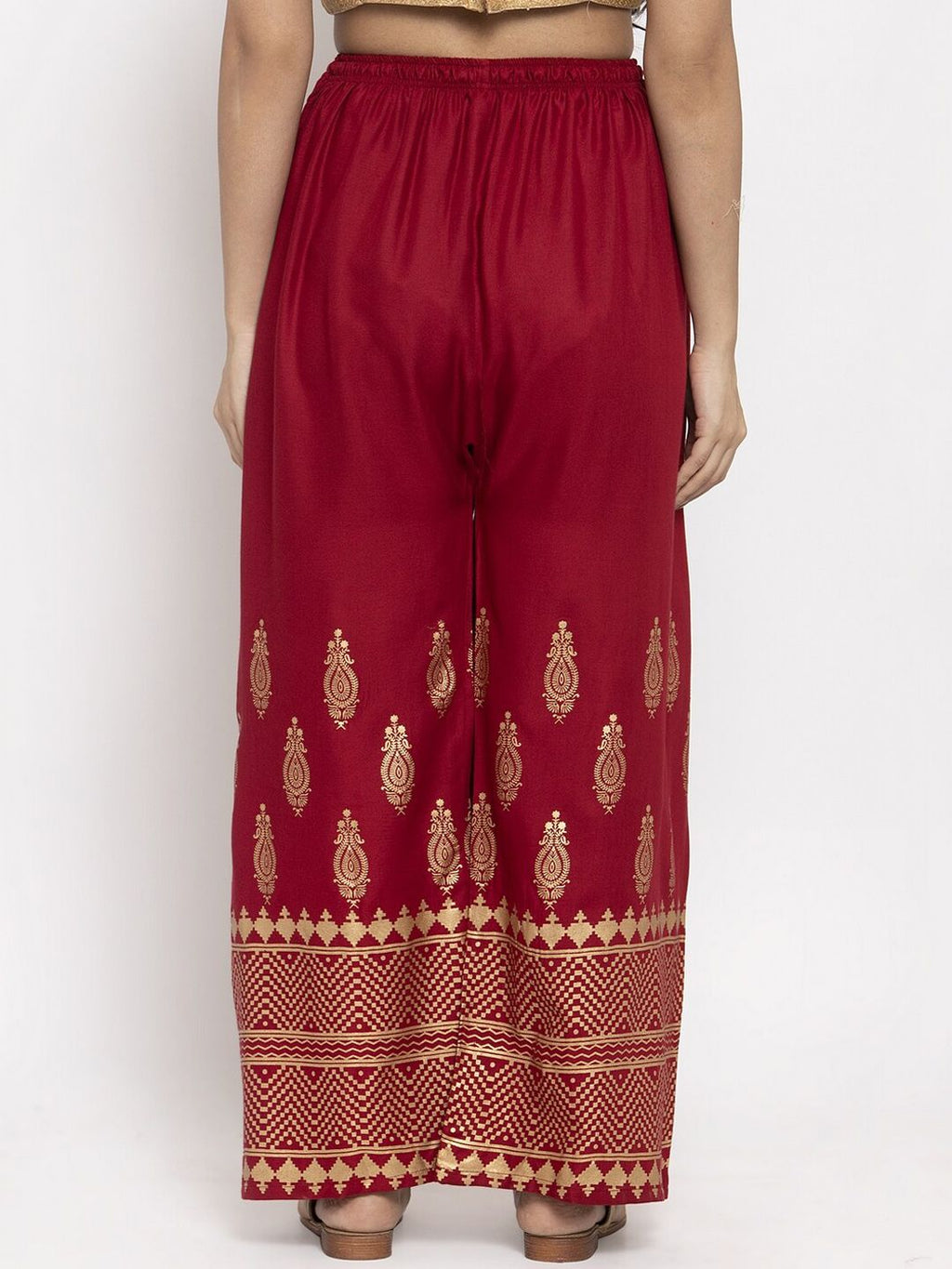 Dhimhi Women's Maroon & Gold-Coloured Printed Straight Palazzos