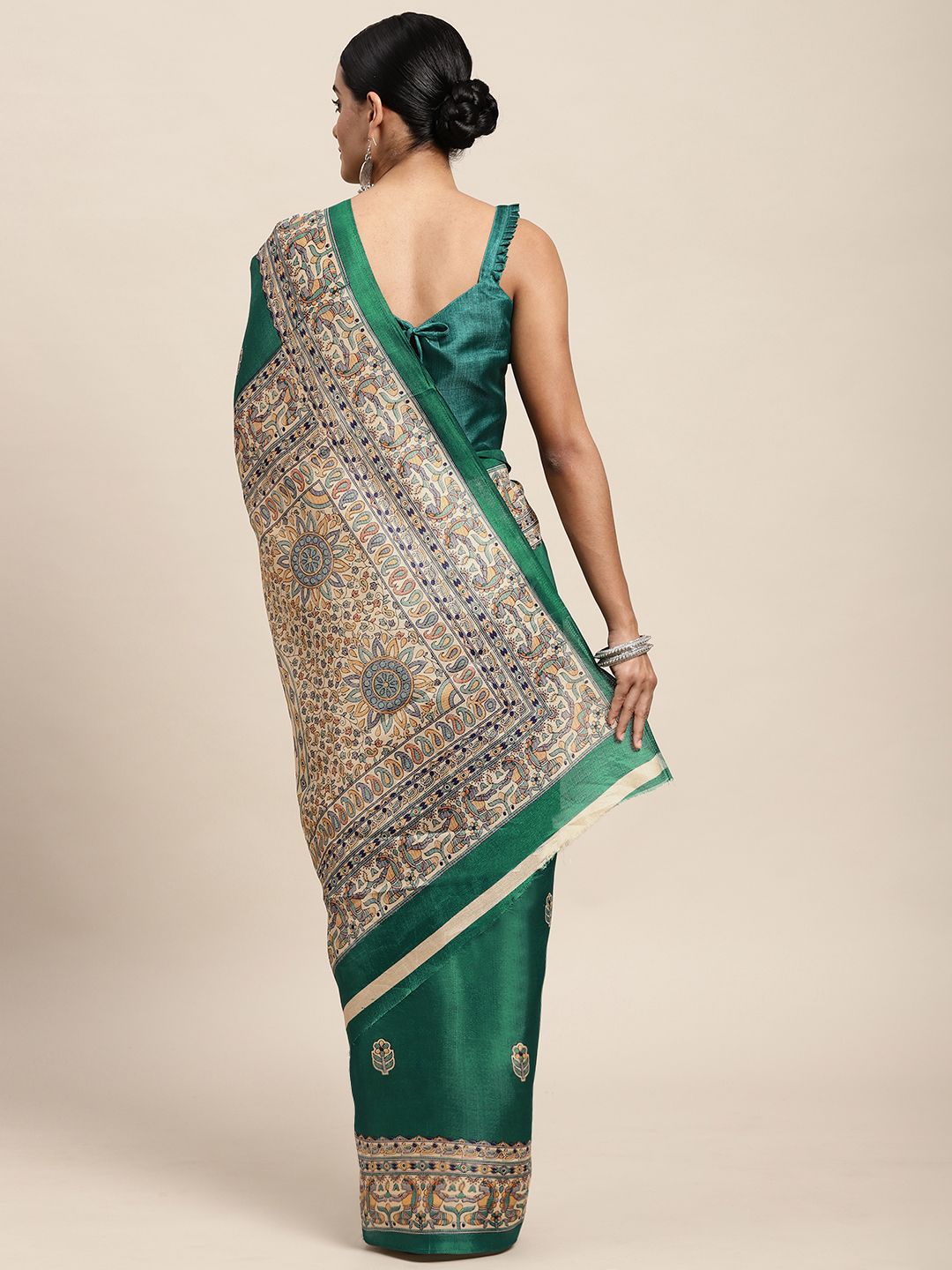 Dhimhi Women's Teal & Grey Ethnic Motifs Print Silk Blend Saree