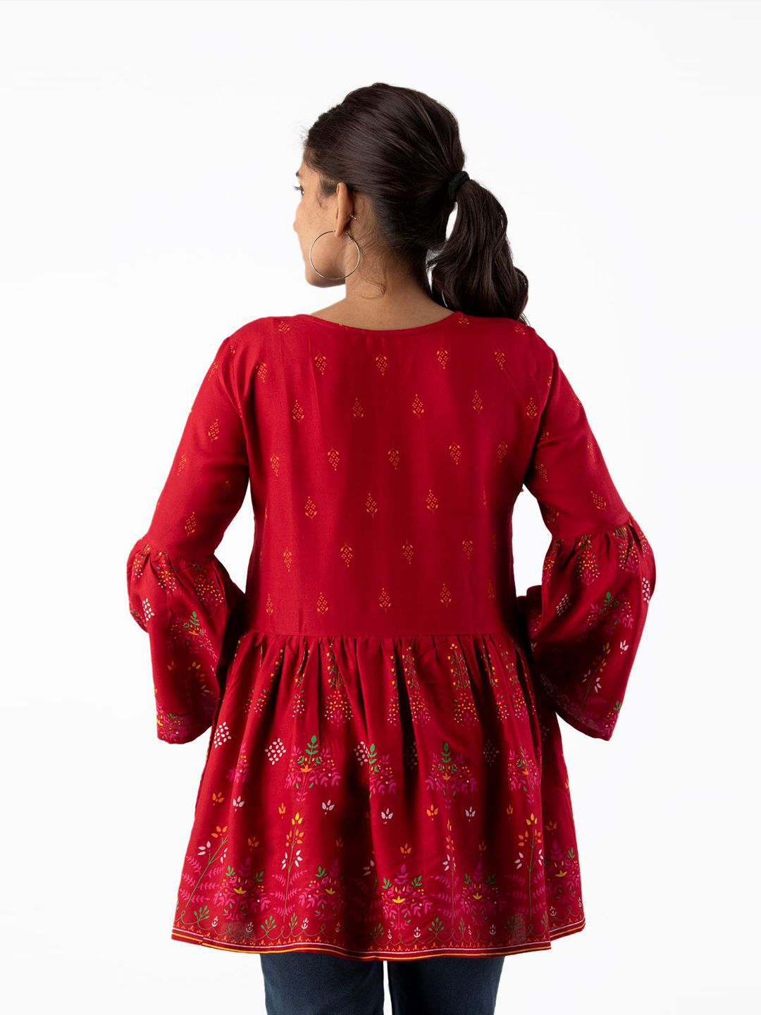 Dhimhi Women's Red Indigo Empire Longline Top