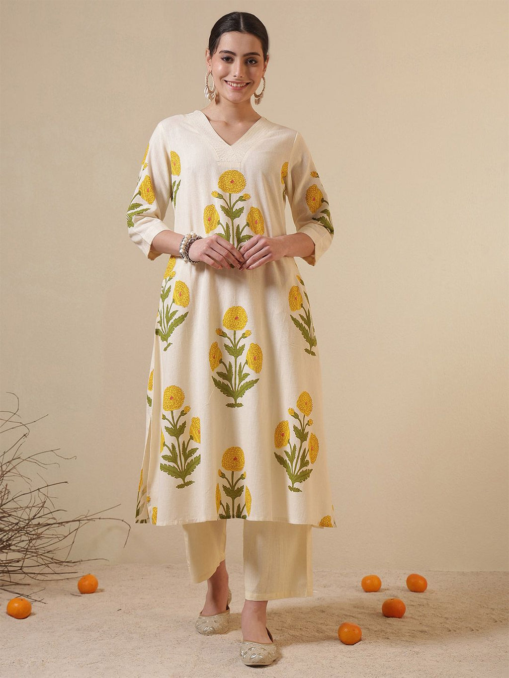 Dhimhi Women's Ethnic Motifs Printed Regular Pure Cotton Kurta with Palazzos Kurta Sets
