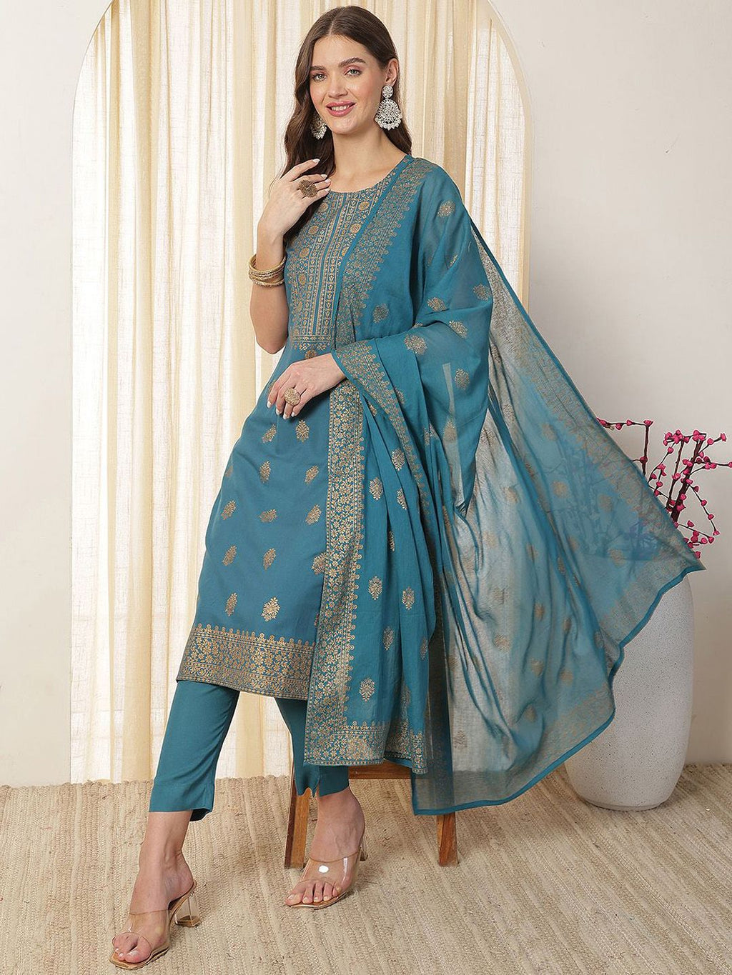 Dhimhi Women's Printed Regular Kurta with Trousers & With Dupatta