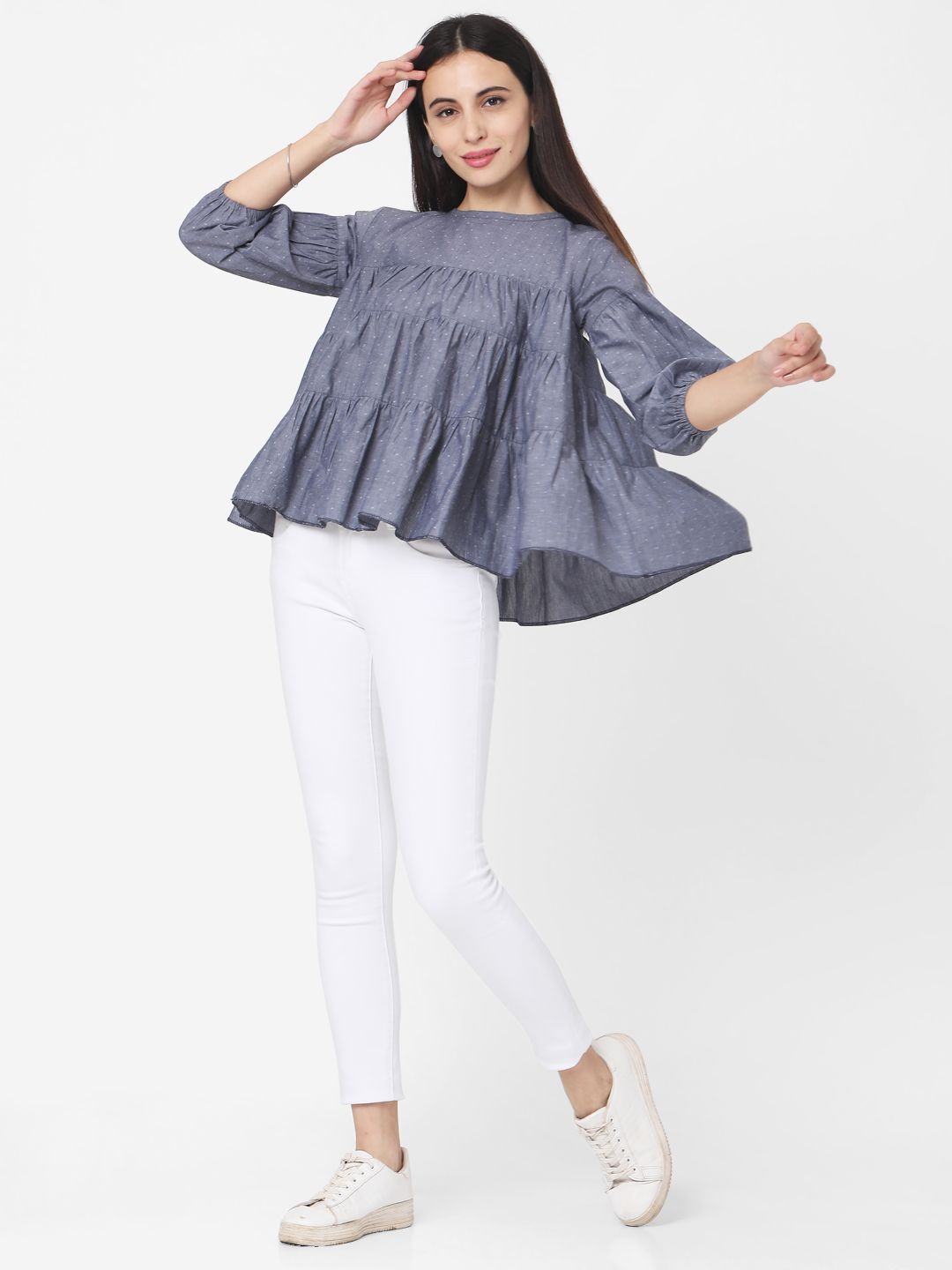 Dhimhi Women's Print Puff Sleeve Cotton Peplum Top