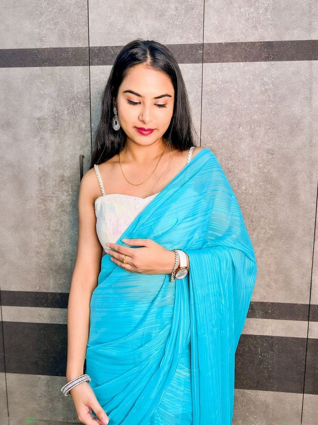 Dhimhi Women's Blue Satin Embellished Sarees