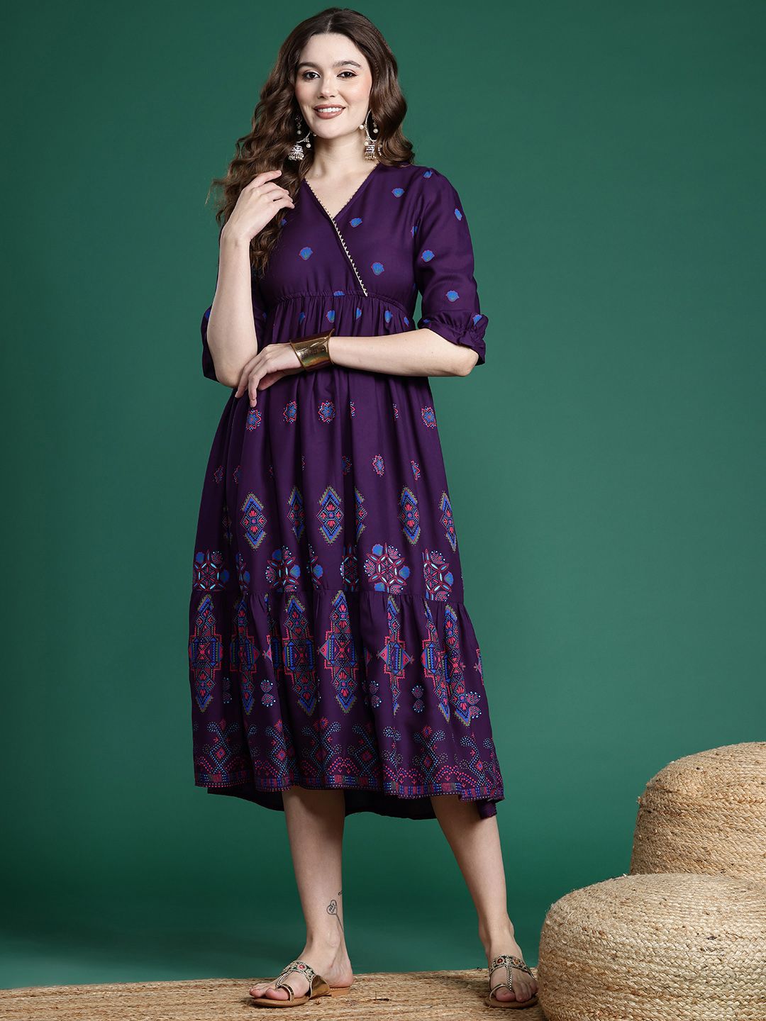 Dhimhi Women's Printed Gotta Patti Midi Empire Dress