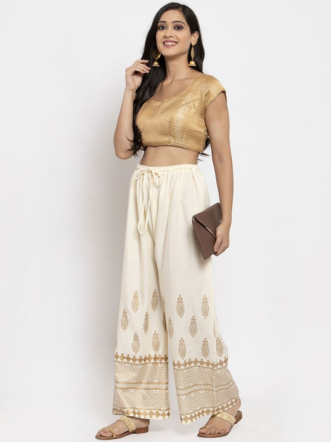 Dhimhi Women's Cream-Coloured Printed Straight Palazzos