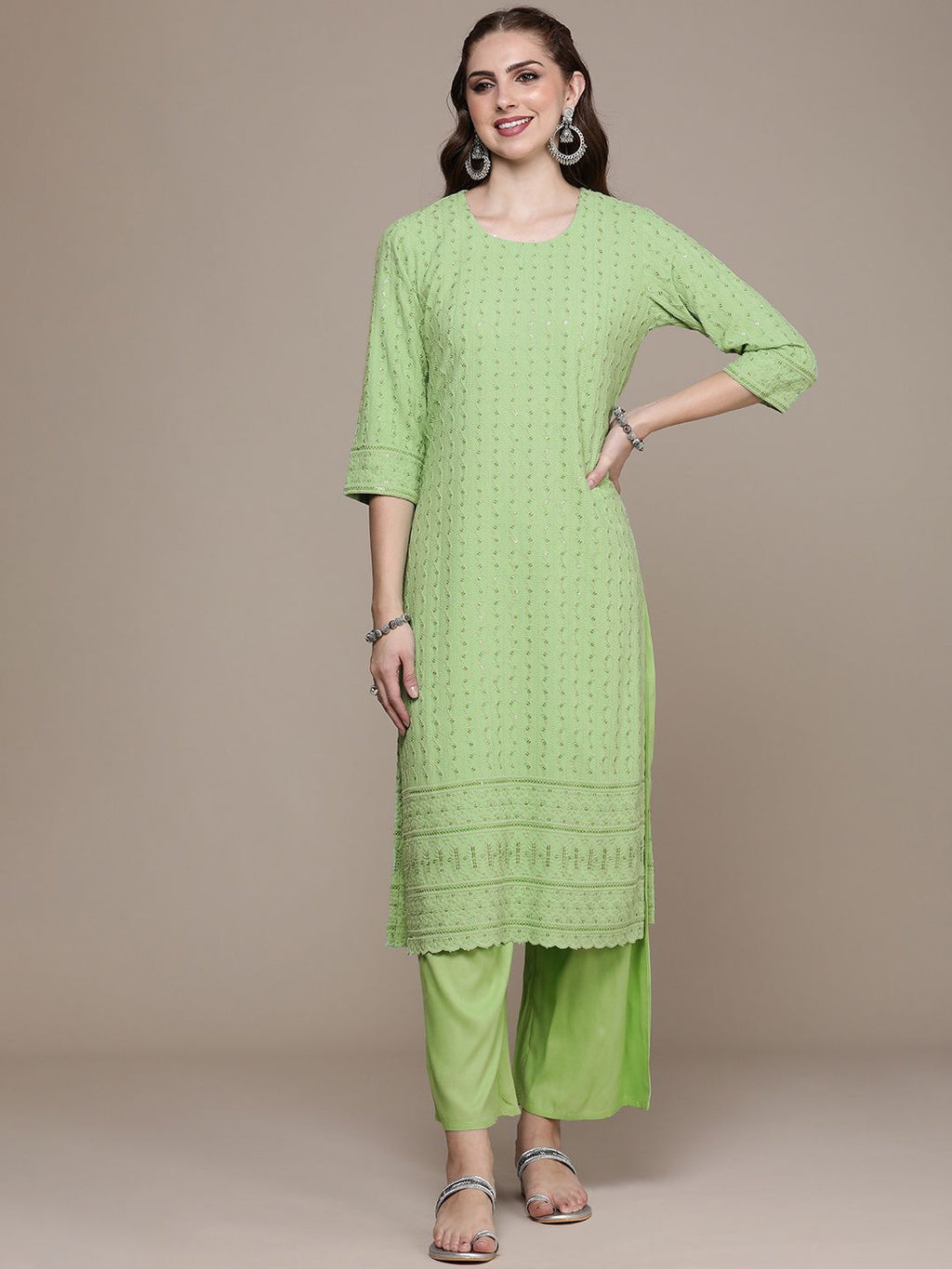 Dhimhi Women's Ethnic Motifs Embroidered Sequinned Kurta With Palazzos - dhimhi