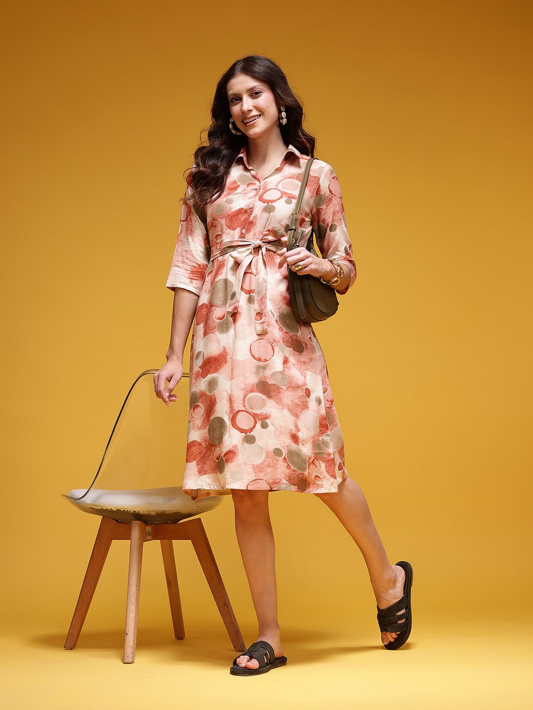 Dhimhi Women's Abstract Print Belted A-Line Dress