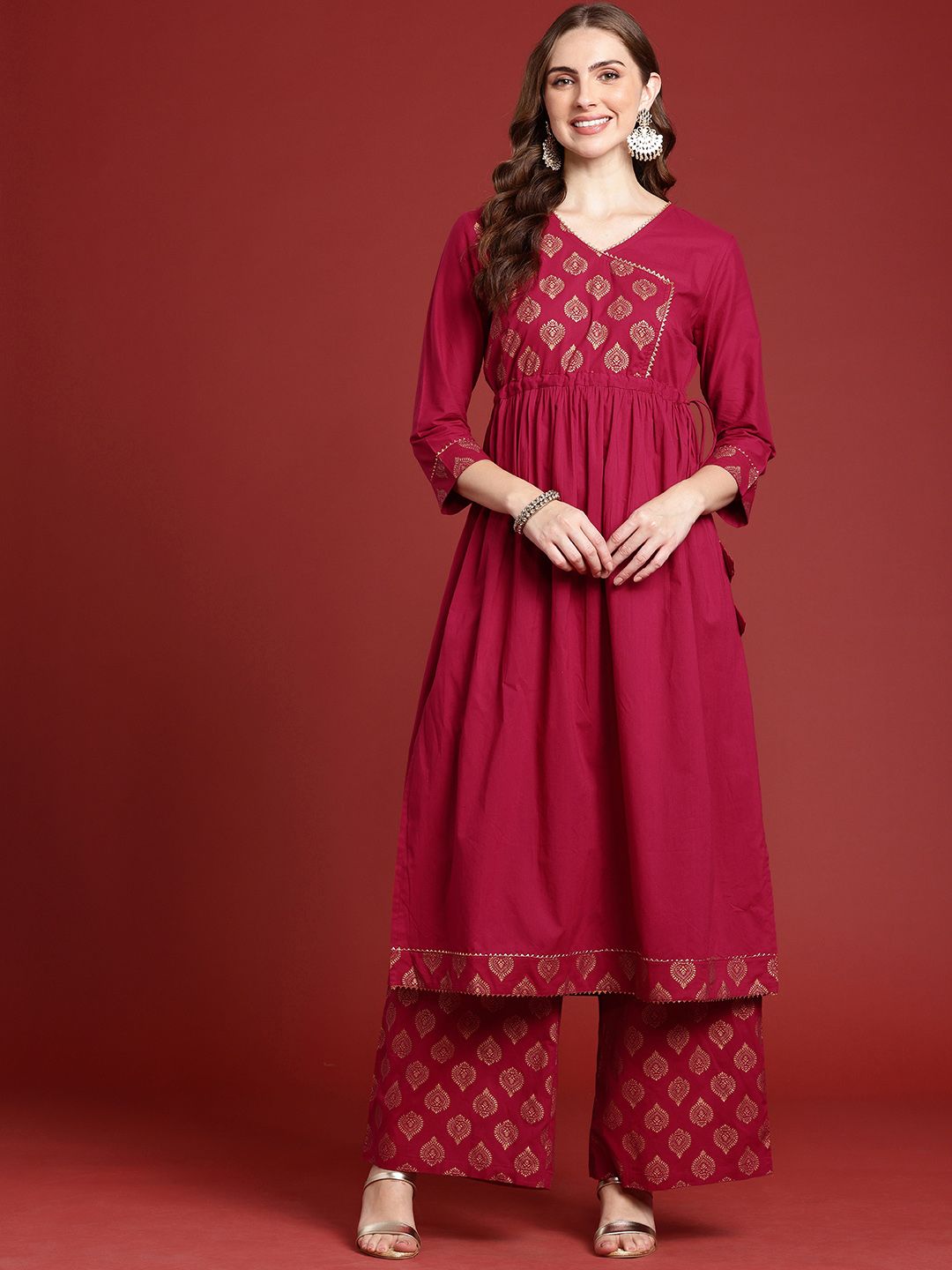 Dhimhi Women's Ethnic Motifs Printed Regular Pure Cotton Kurta with Palazzos