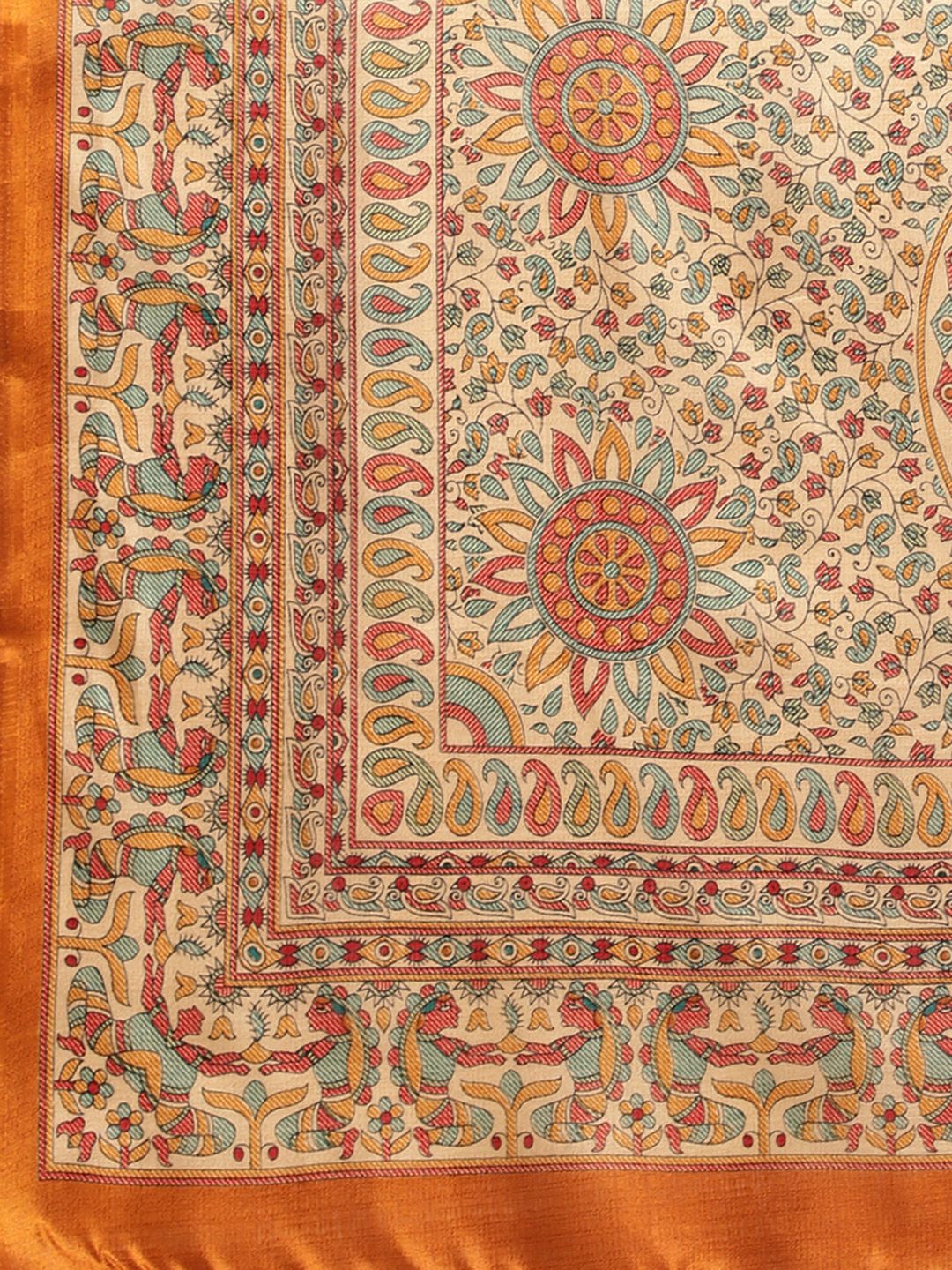 Dhimhi Women's Mustard Yellow & Beige Ethnic Motifs Printed Saree