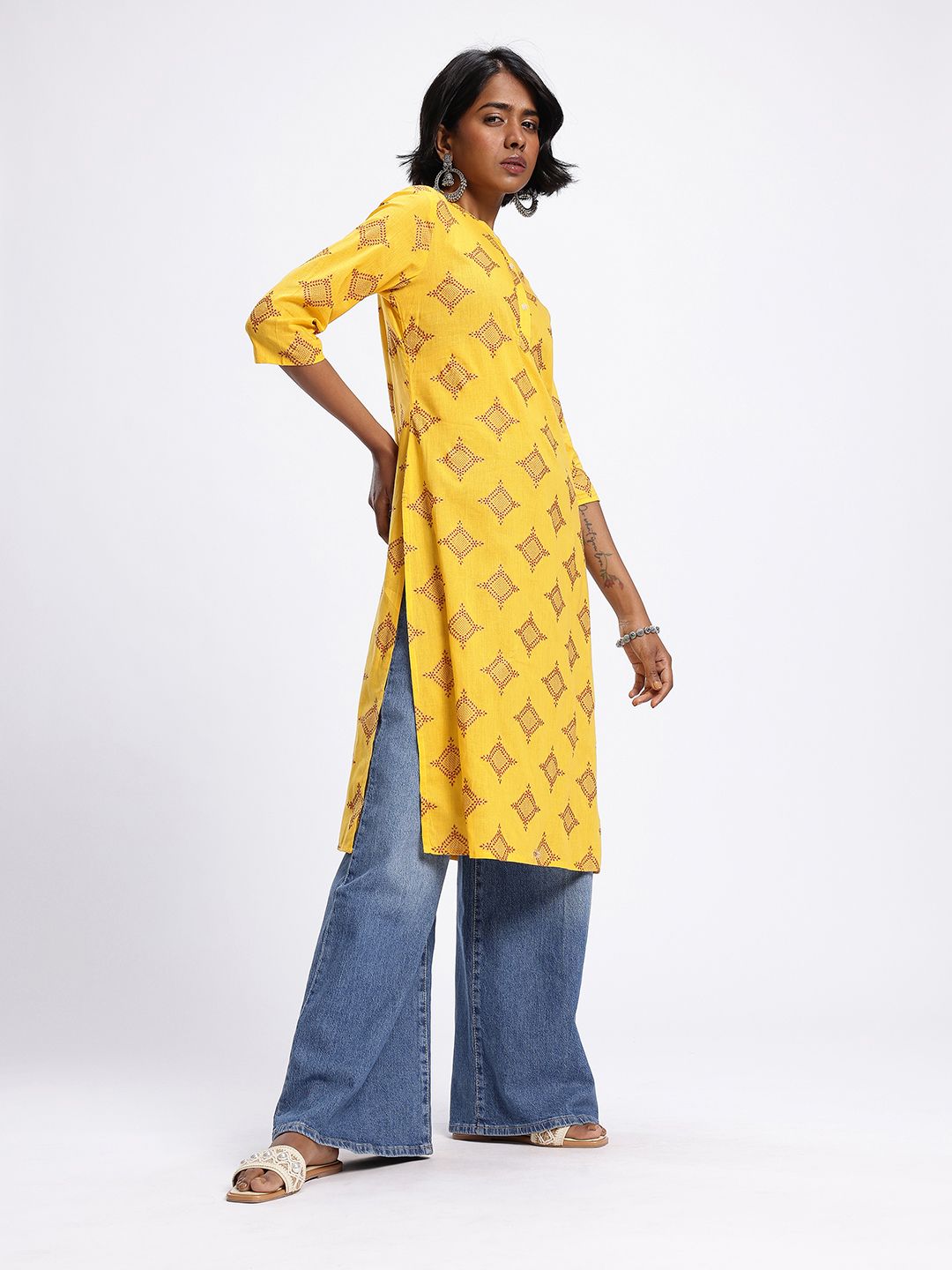 Band Collar Ethnic Motifs Printed Straight Kurta