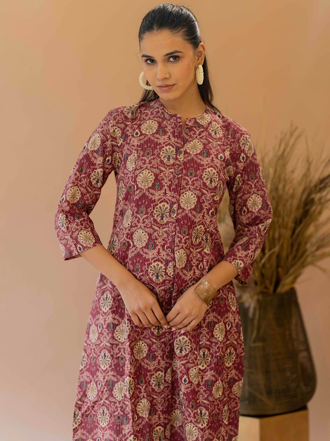 Ajrakh Printed Kantha Work Mandarin Collar Cotton A-line Kurta