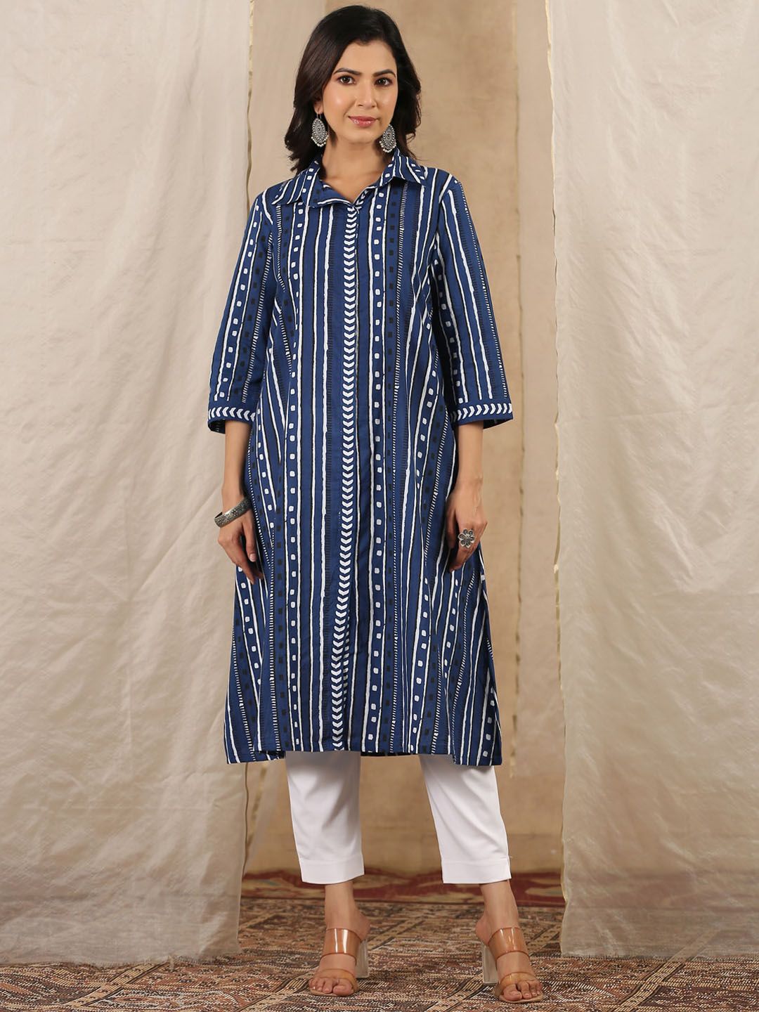 Dhimhi Women's Shirt Collar Striped Pure Cotton A-Line Kurta