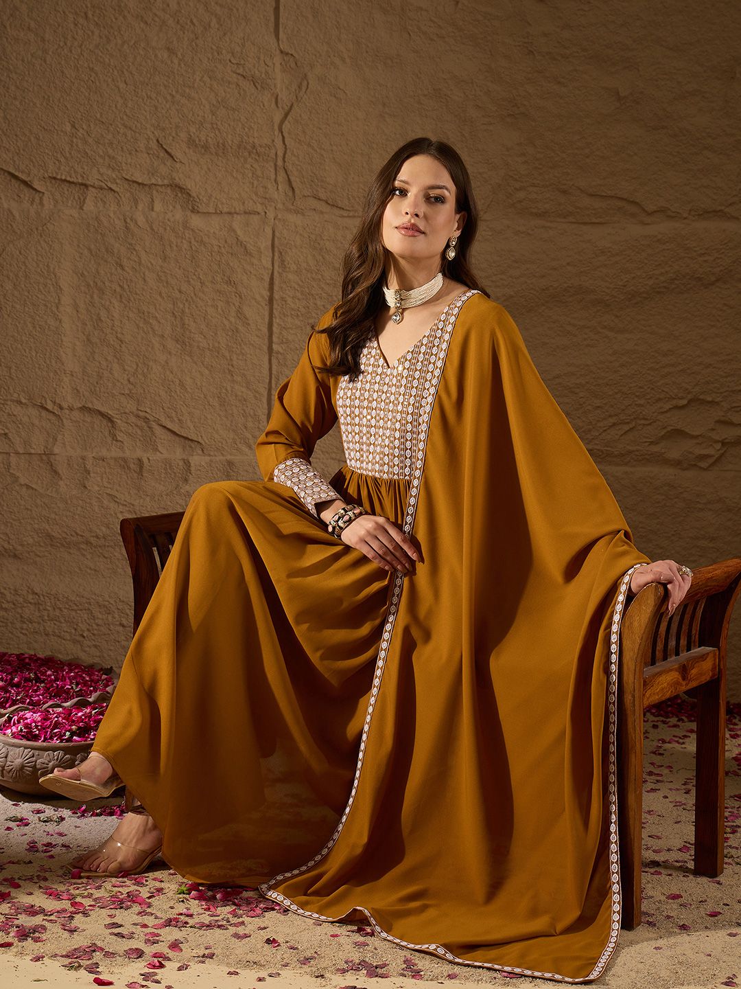 Dhimhi Women's Yoke Design Empire Sequinned Kurta with Trousers & With Dupatta