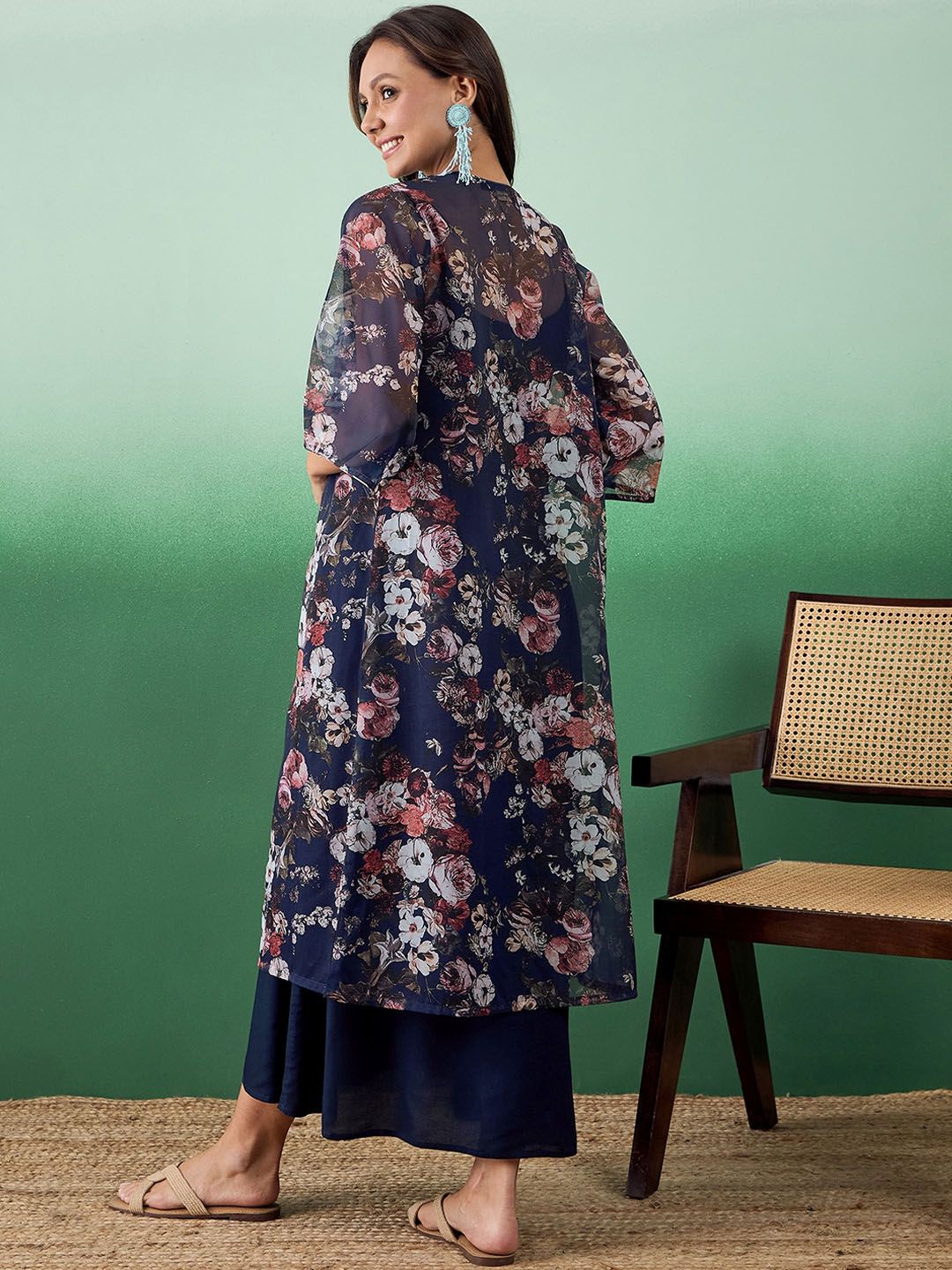 Dhimhi Women's Fit & Flare Ethnic Dress With Floral Printed Jacket