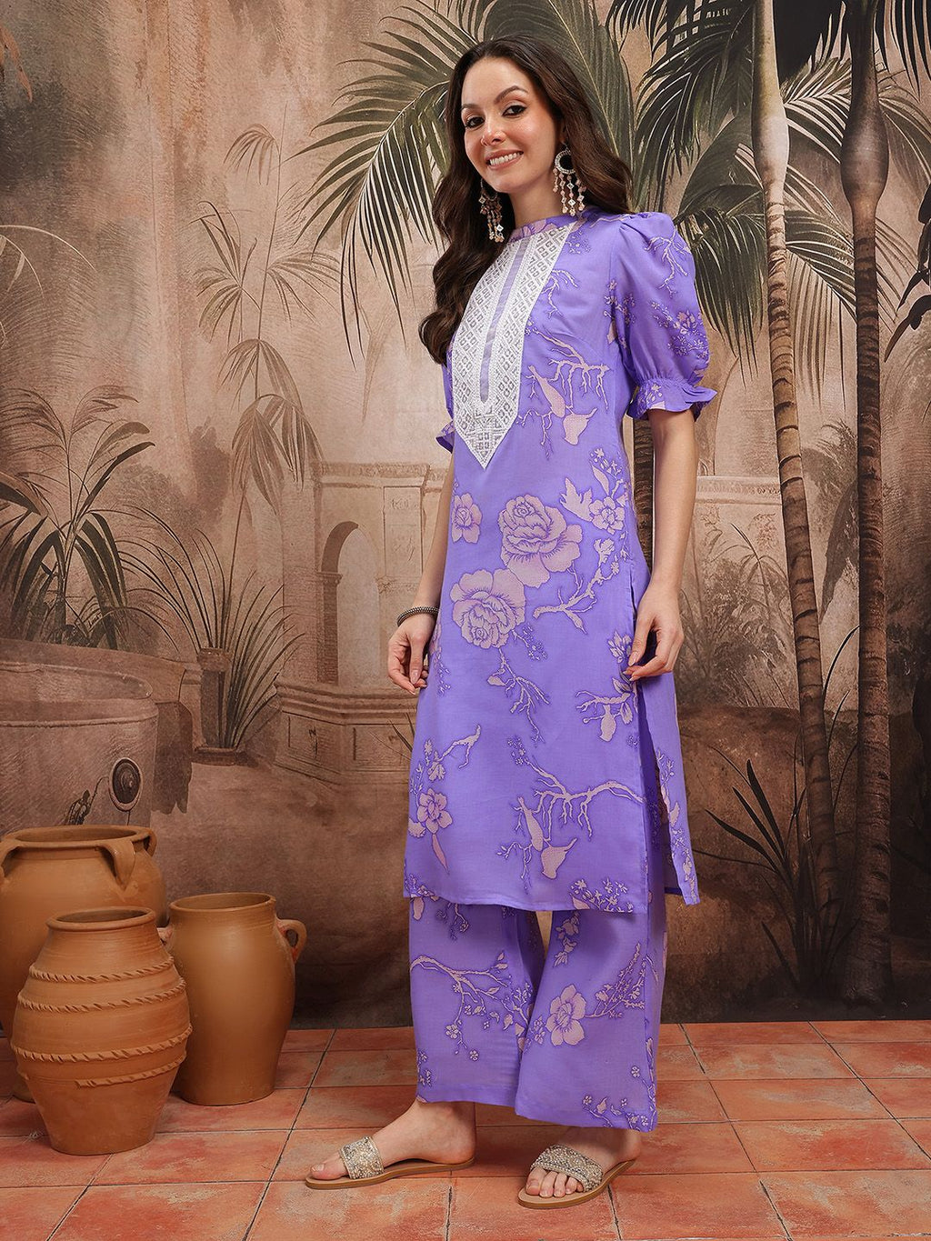 Dhimhi Women's Floral Printed Thread Work Detail Kurta with Palazzos