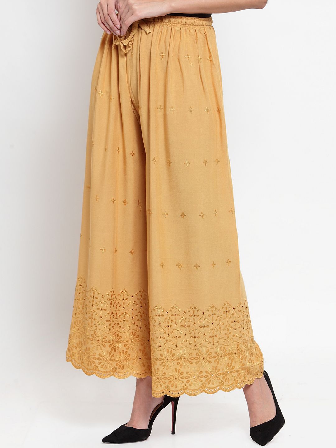 Dhimhi Women's Beige Embroidered Wide Leg Palazzos