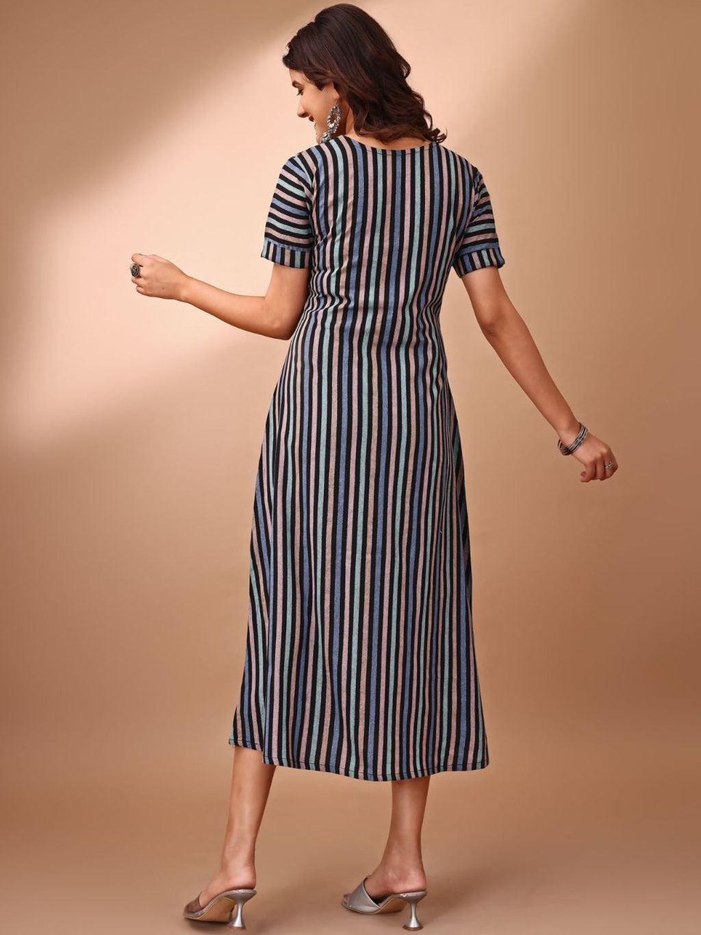 Dhimhi Women's Cotton Striped Front Slit A-Line Dress