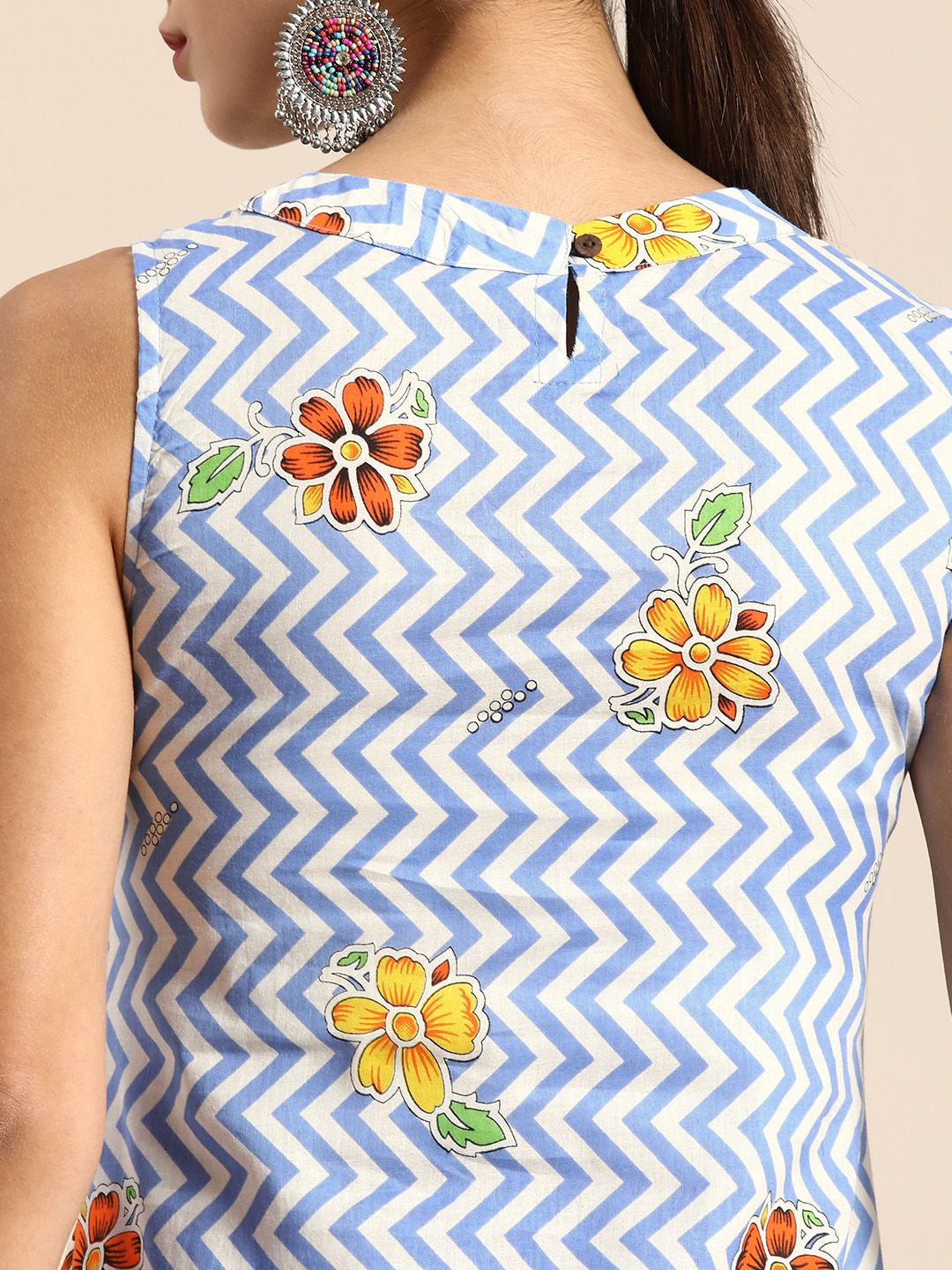 Dhimhi Women's Blue & White Chevron & Floral Print Cotton Kurta with Palazzos