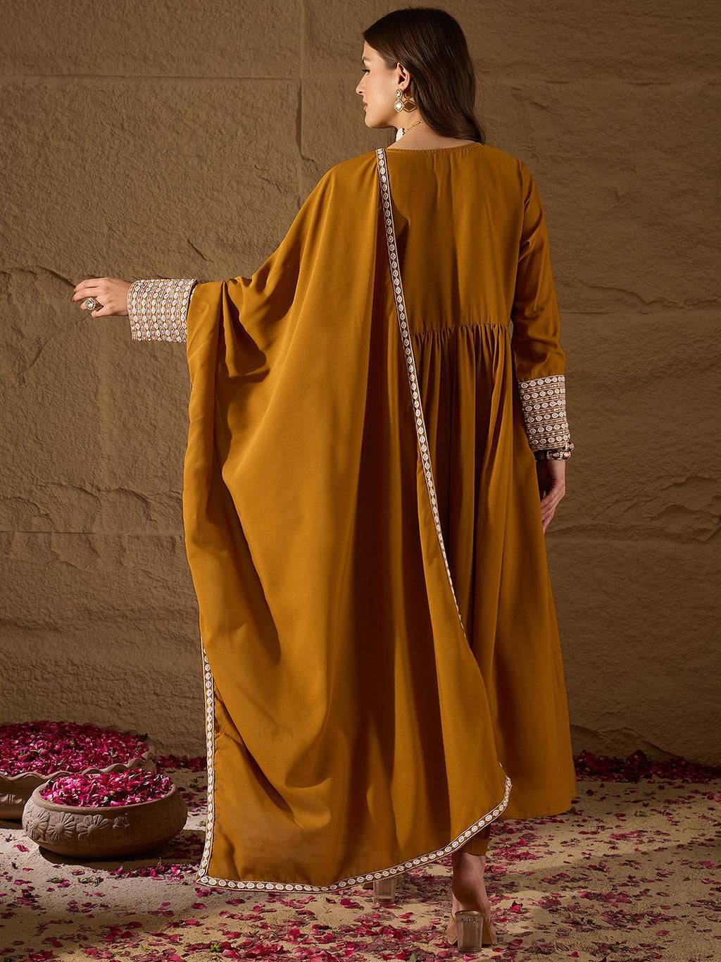 Dhimhi Women's Yoke Design Empire Sequinned Kurta with Trousers & With Dupatta