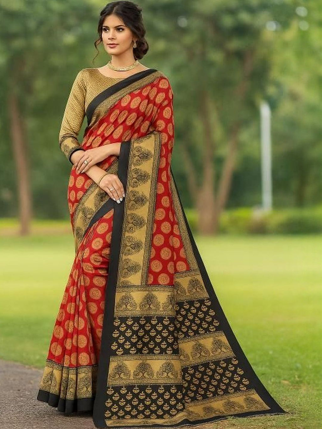 Dhimhi Women's Red & Green Peacock Printed Art Silk Saree