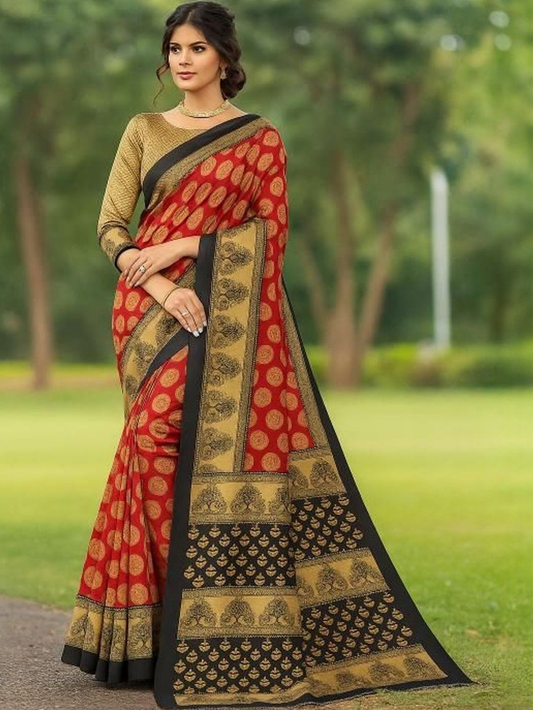 Dhimhi Women's Red & Green Peacock Printed Art Silk Saree