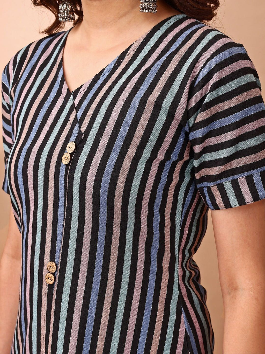 Dhimhi Women's Cotton Striped Front Slit A-Line Dress